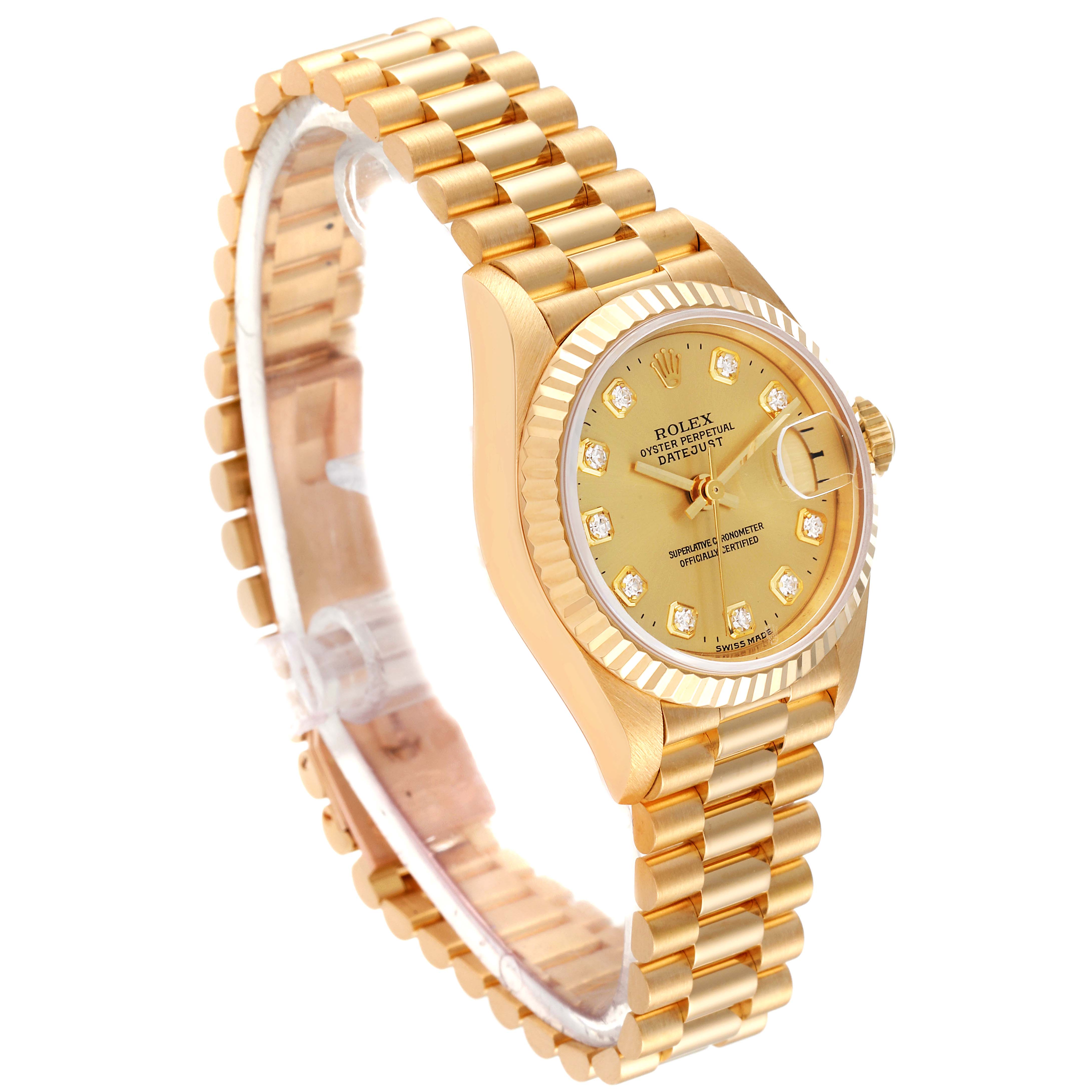 The image shows a Rolex President 69178 Women
s Yellow Gold Champagne Dial 69178 Women
s Yellow Gold Champagne Dial model watch at an angled side view, highlighting the gold bracelet, bezel, and diamond hour markers.