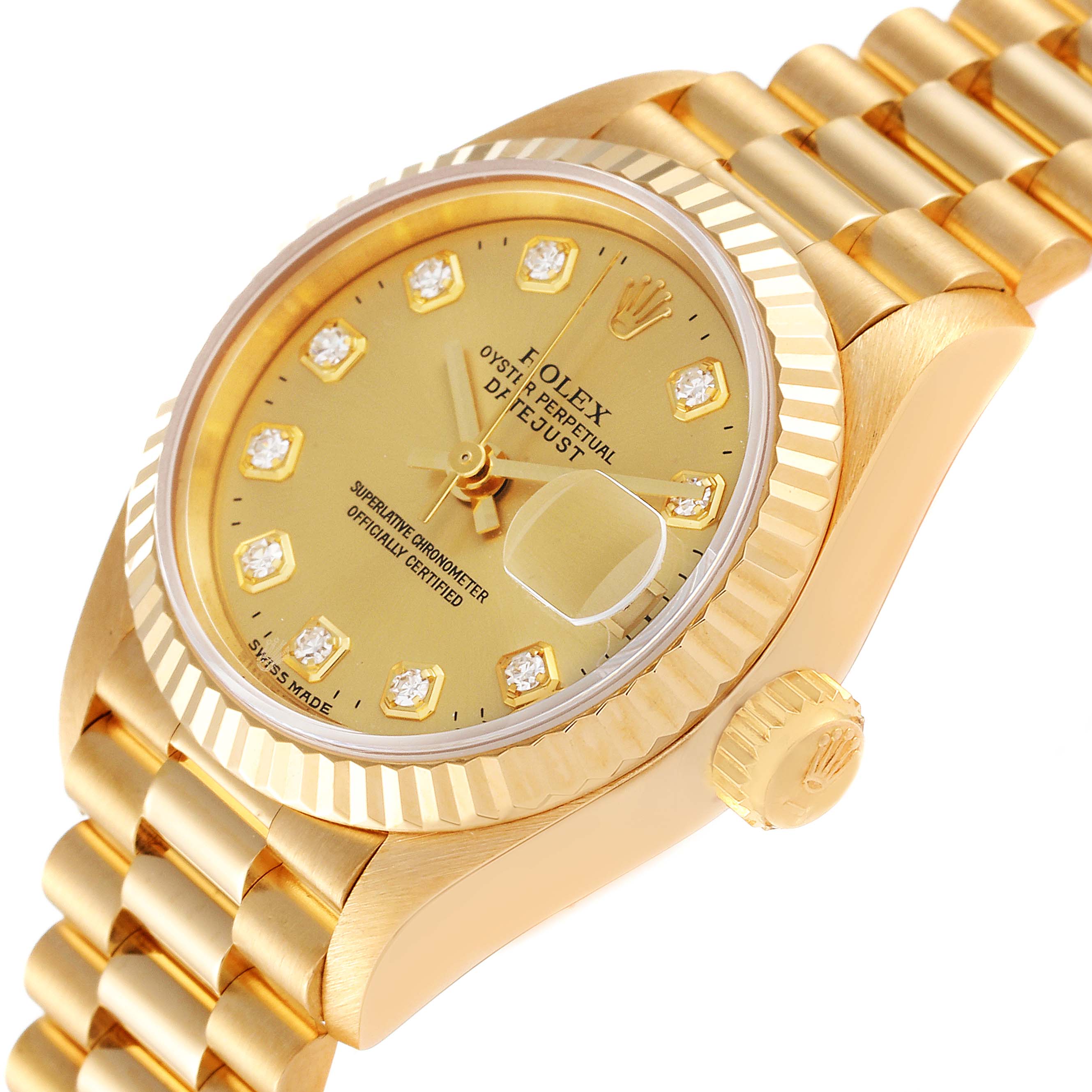 The image shows the face, bezel, crown, and part of the bracelet of the Rolex President 69178 Women
s Yellow Gold Champagne Dial 69178 Women
s Yellow Gold Champagne Dial model watch at a three-quarter angle.