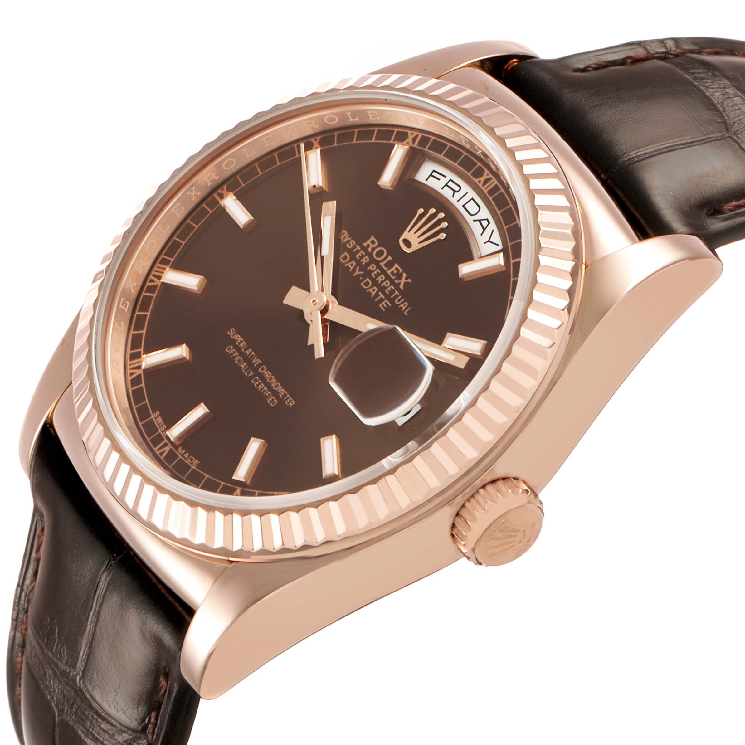 The Rolex President 118135 Men's Rose Gold Brown Dial watch is shown at a slight side angle, highlighting the dial, fluted bezel, crown, and leather strap.