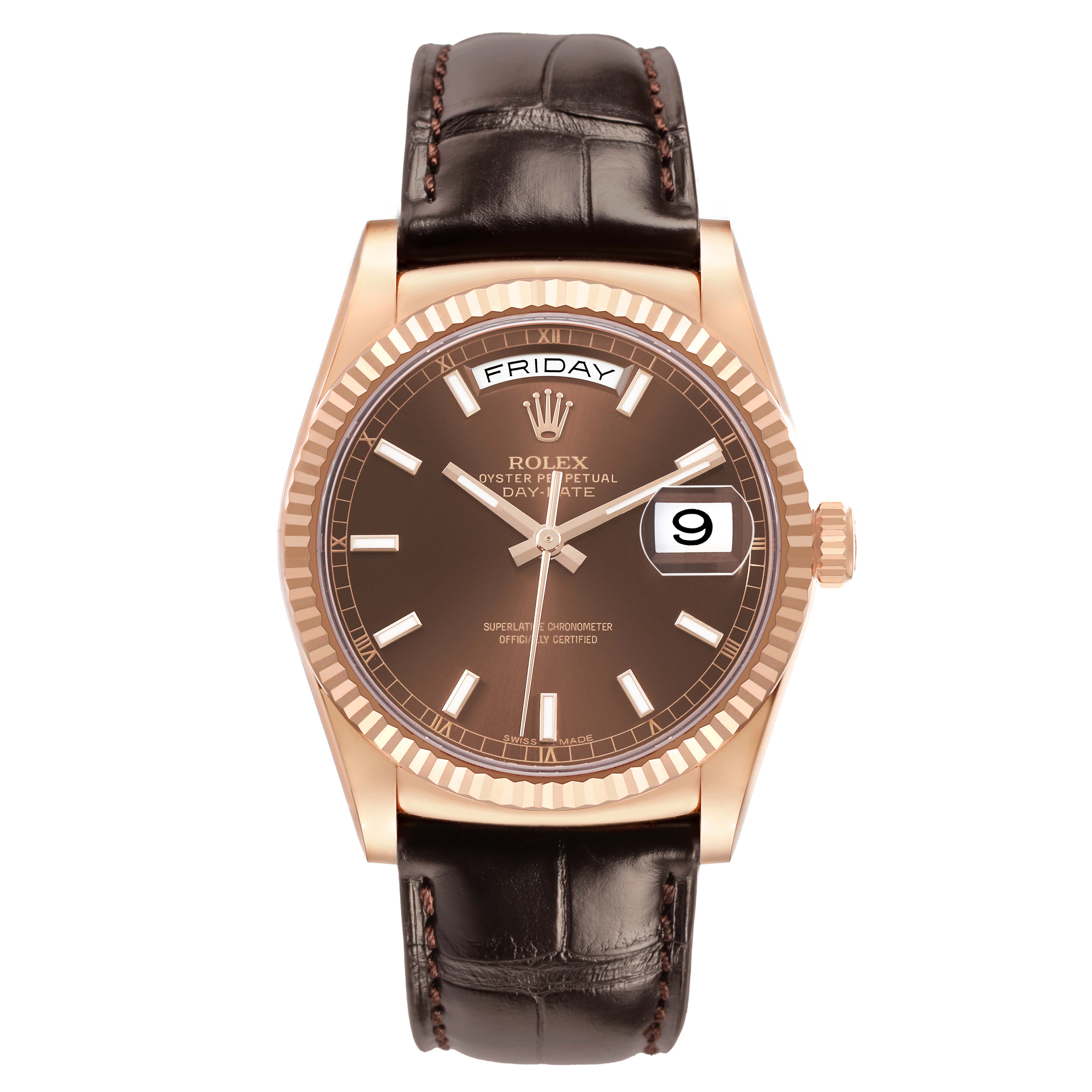 The Rolex President 118135 Men's Rose Gold Brown Dial model is shown from the front, highlighting its brown dial, fluted bezel, and leather strap.