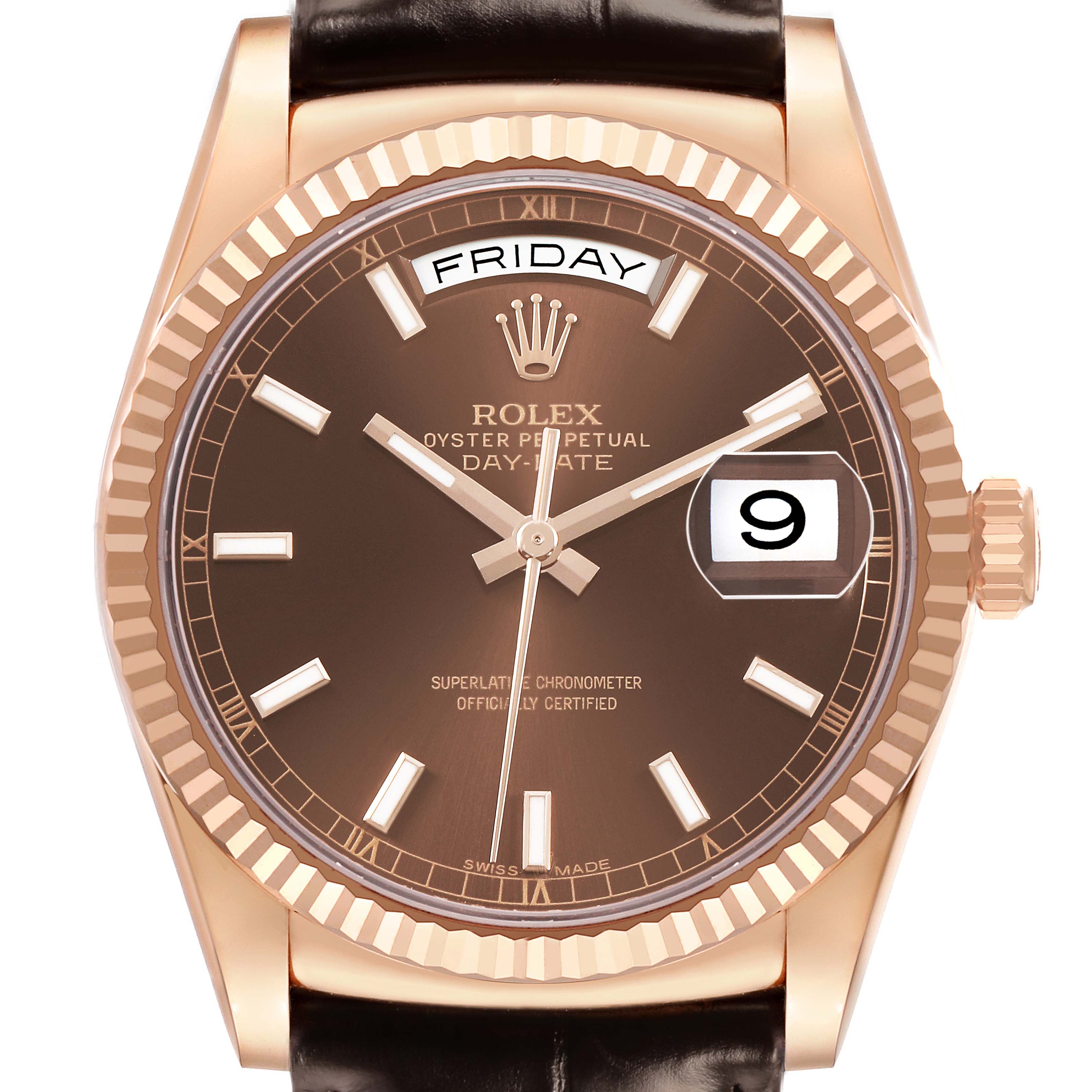 The Rolex President 118135 Men's Rose Gold Brown Dial model is shown from the front, featuring its dial, bezel, day, and date displays.
