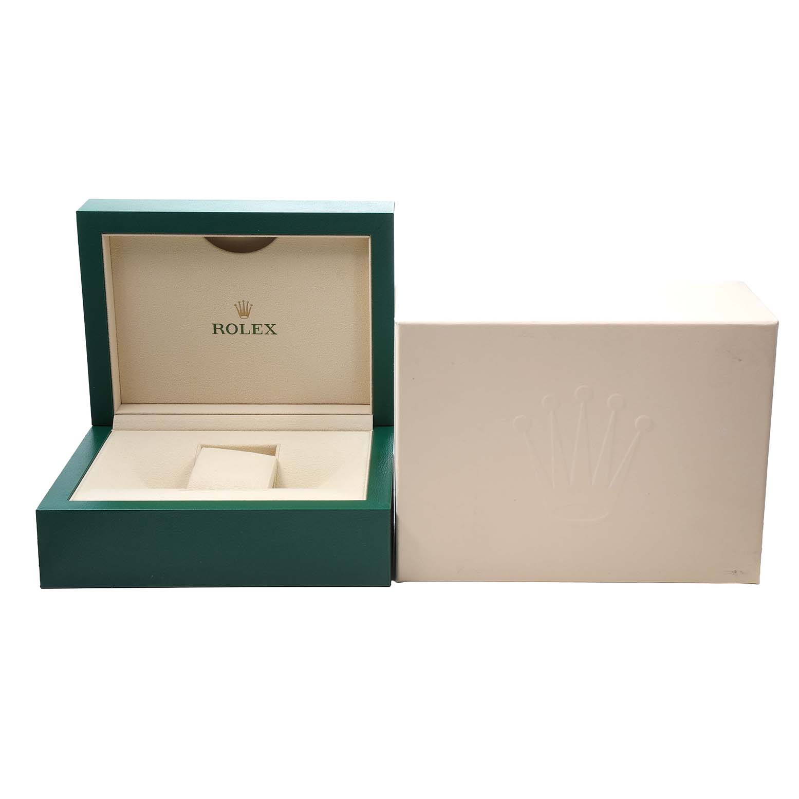 The image shows an open Rolex box for the President model, featuring an exterior box with the Rolex logo.