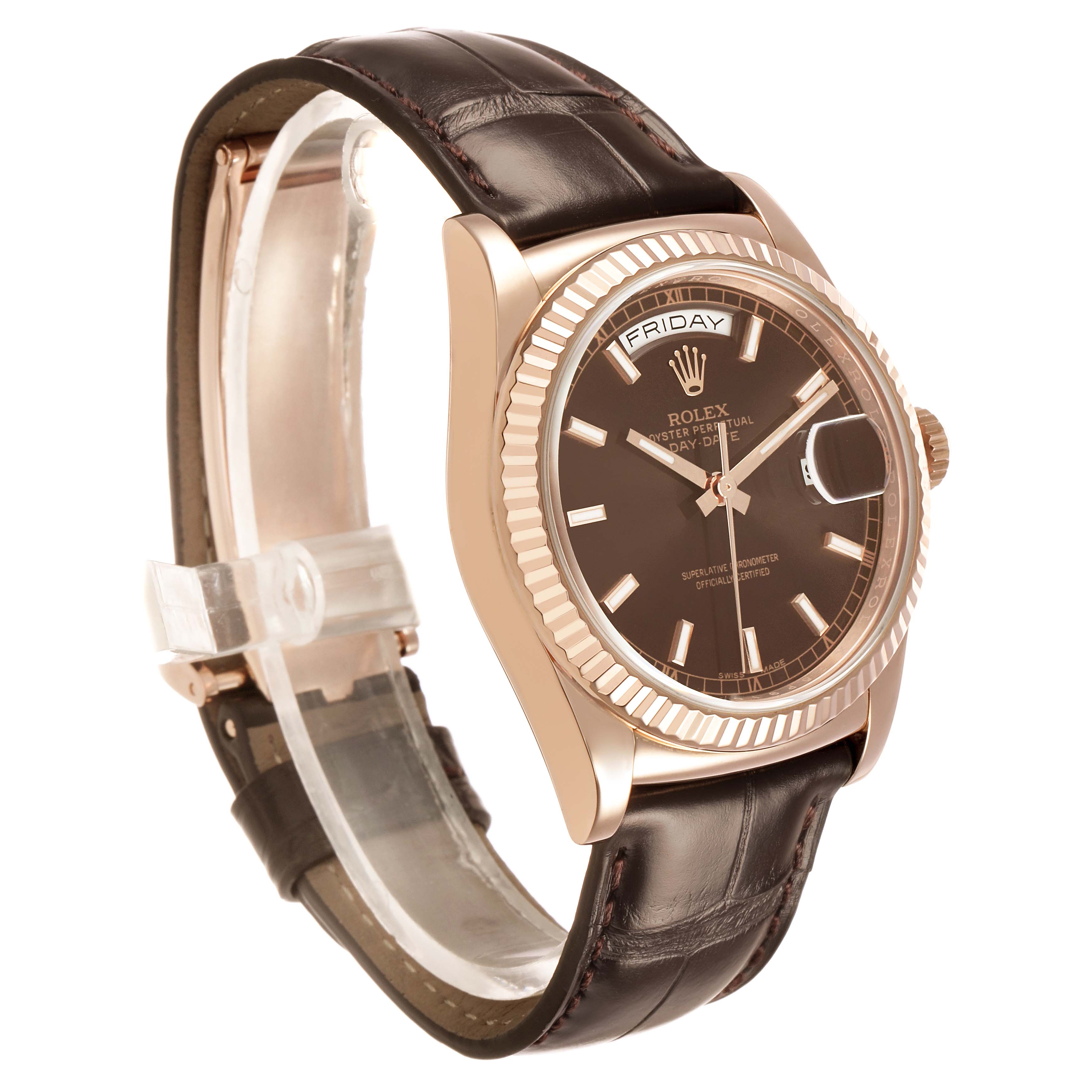 The Rolex President 118135 Men's Rose Gold Brown Dial model watch is shown at a slight angle, highlighting the face, bezel, and leather strap.