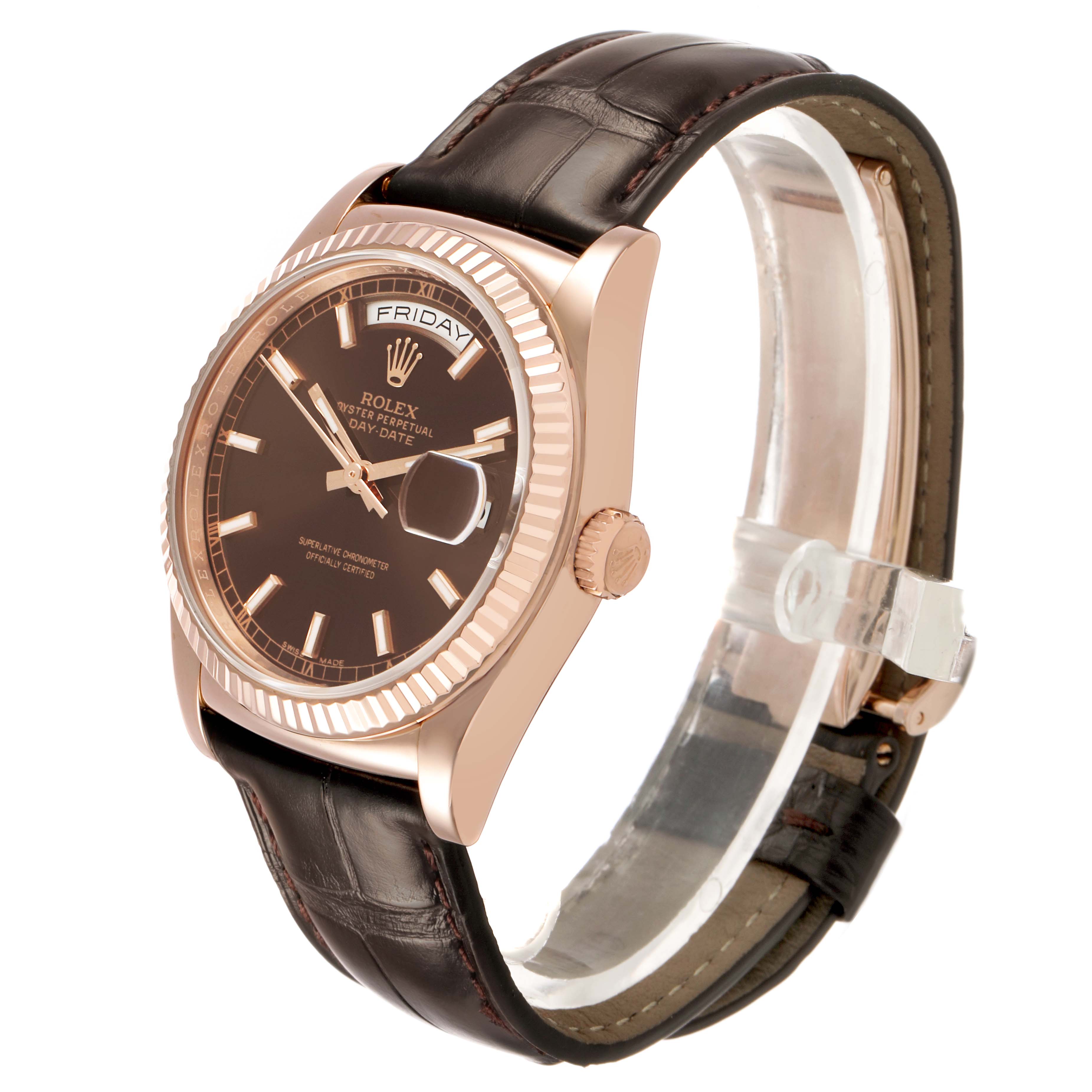 The Rolex President 118135 Men's Rose Gold Brown Dial model watch is shown at a three-quarter angle, displaying the dial, bezel, crown, and leather strap.