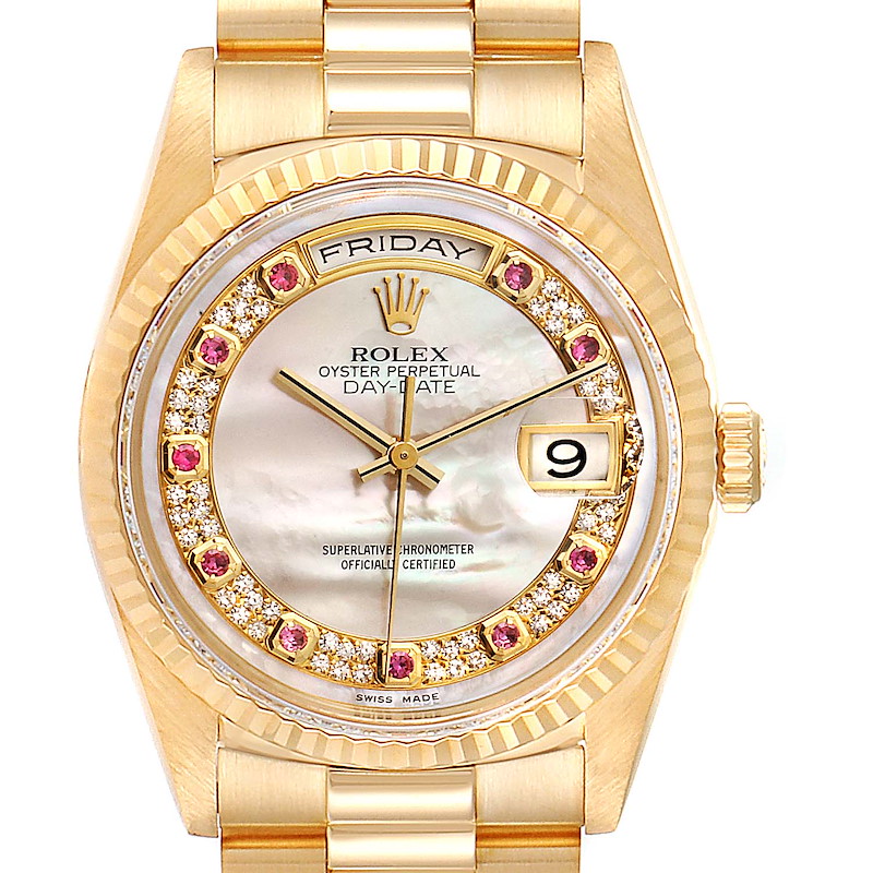 This image shows a front view of the Rolex President Day-Date watch, highlighting its dial, bezel, and bracelet.