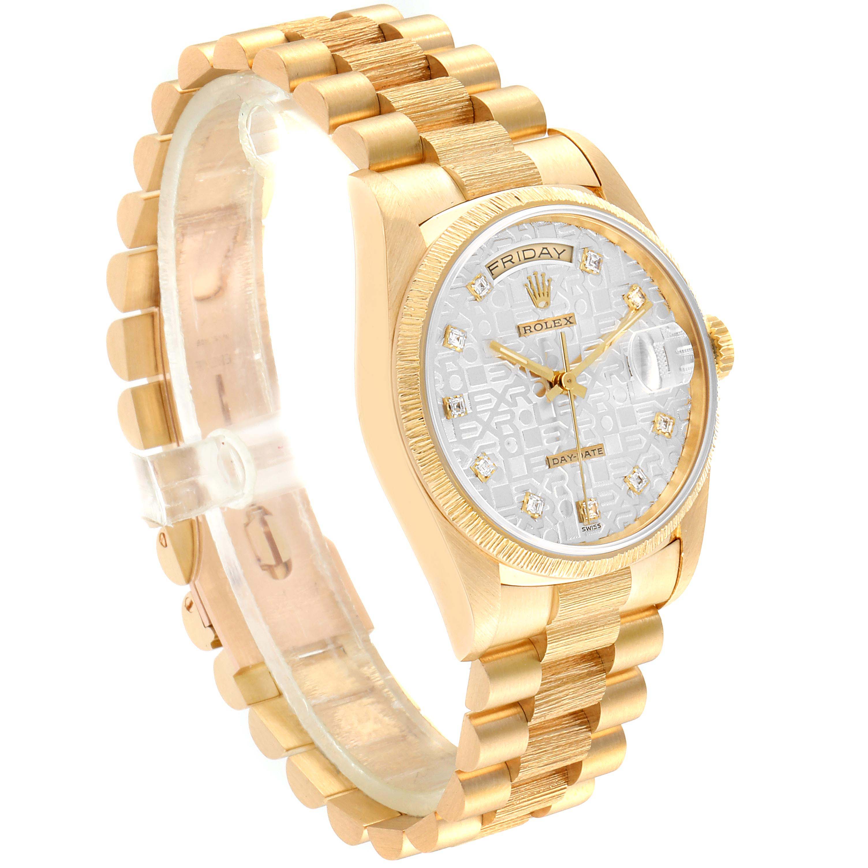 The Rolex President 18248 Men
s Yellow Gold Silver Dial 18248 Men
s Yellow Gold Silver Dial model watch is shown at a three-quarter angle, highlighting its gold case, bracelet, and detailed dial.