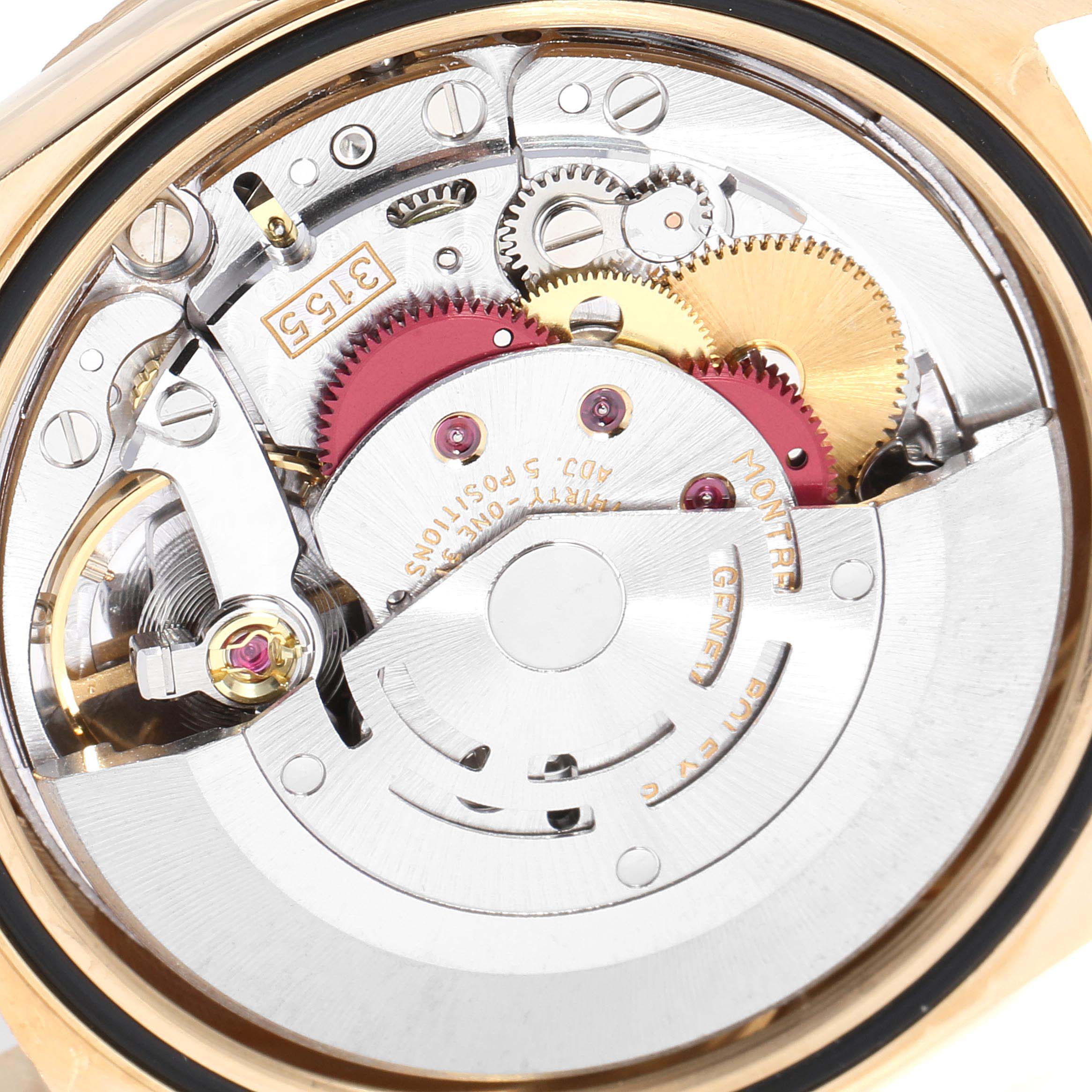 This image shows the inner mechanical movement of a Rolex President 18248 Men
s Yellow Gold Silver Dial 18248 Men
s Yellow Gold Silver Dial model watch from a close-up angle.