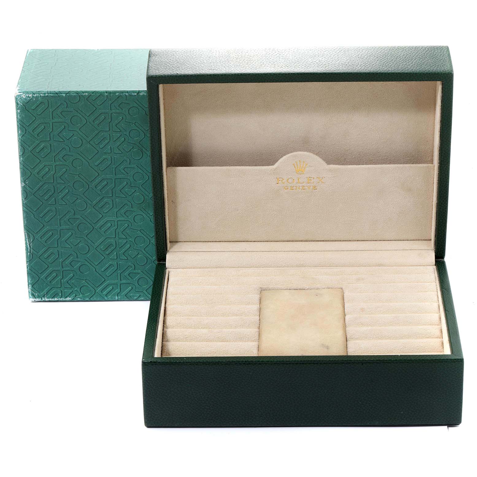This image shows an open display box for the Rolex President 18248 Men
s Yellow Gold Silver Dial 18248 Men
s Yellow Gold Silver Dial model watch, with green exterior and beige interior. 