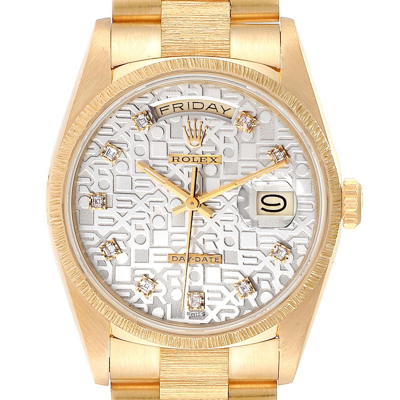 Rolex President Day-Date Yellow Gold Bark Finish Diamond Mens Watch 18248 SwissWatchExpo