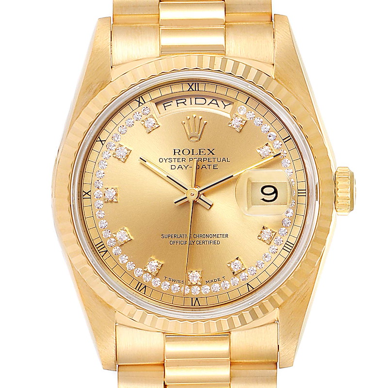 Rolex President Day-Date Yellow Gold String Diamond Dial Mens Watch 18238 SwissWatchExpo