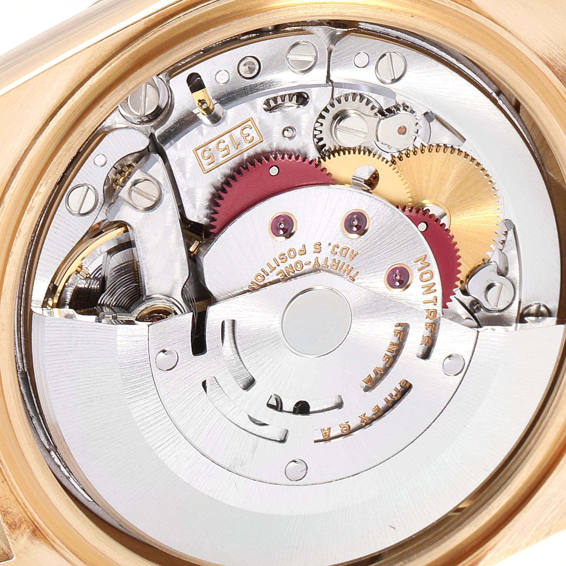 This is a close-up view of the internal mechanism of the Rolex President 18238 Men's Yellow Gold Champagne Dial 18238 Men's Yellow Gold Champagne Dial model watch.