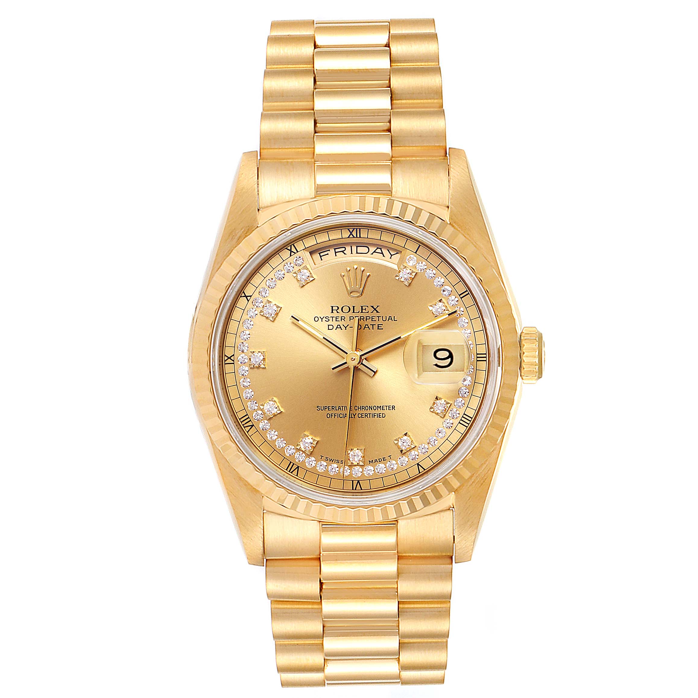 This image shows the Rolex President 18238 Men's Yellow Gold Champagne Dial 18238 Men's Yellow Gold Champagne Dial model watch from a top-down angle, highlighting its face, bracelet, and crown.