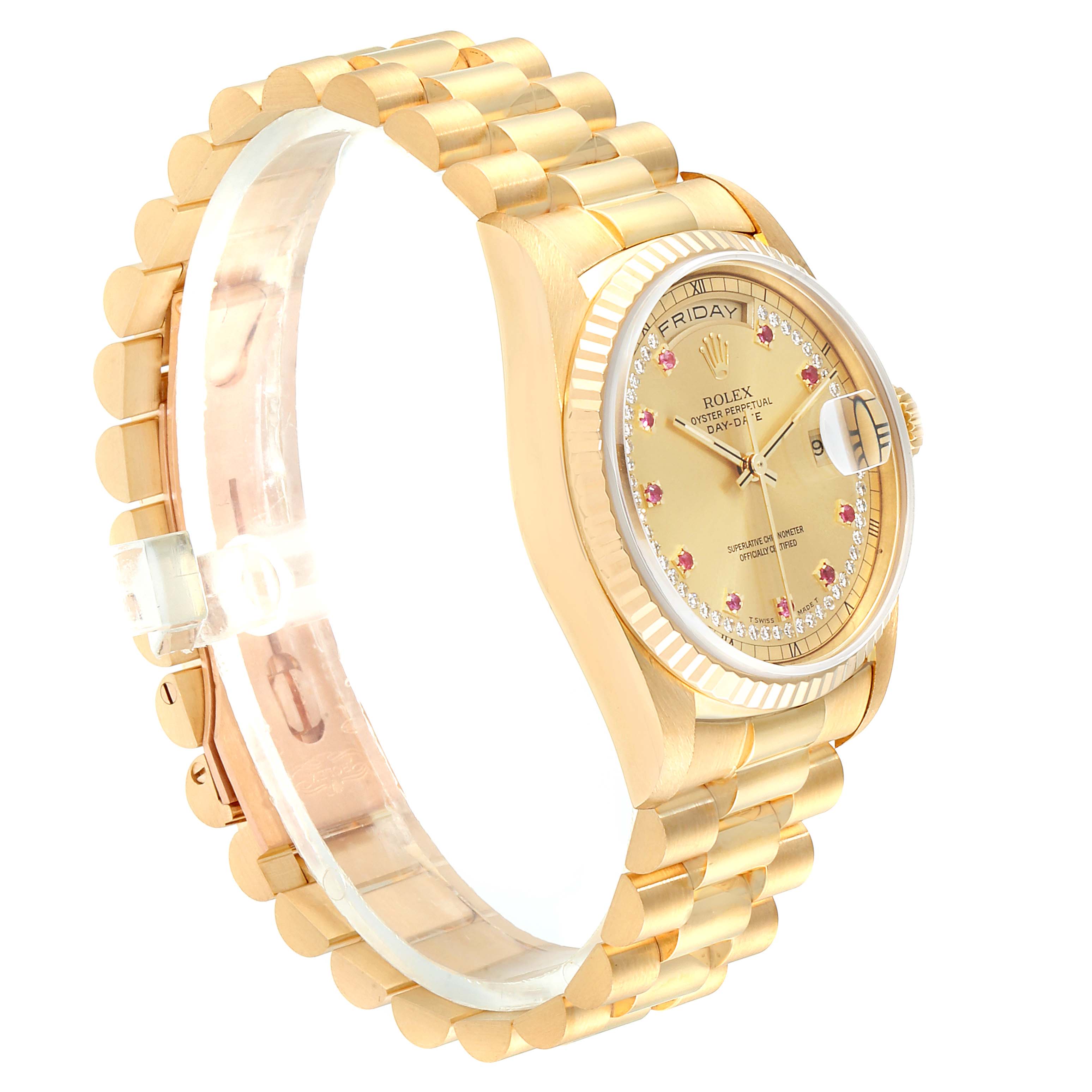 This image shows a side profile view of the Rolex President 18238 Men's Yellow Gold Champagne Dial 18238 Men's Yellow Gold Champagne Dial model watch, highlighting its gold case, bracelet, and dial.