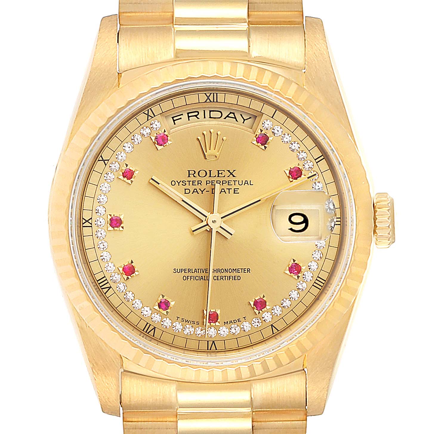 This image shows a close-up front view of a Rolex President 18238 Men's Yellow Gold Champagne Dial 18238 Men's Yellow Gold Champagne Dial model watch, displaying the dial, crown, bracelet, and date window.