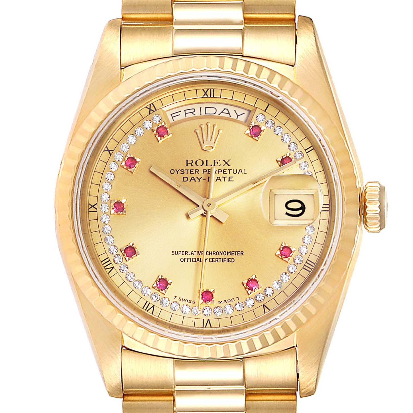 Rolex President Day-Date Yellow Gold String Diamond Ruby Dial Watch ...