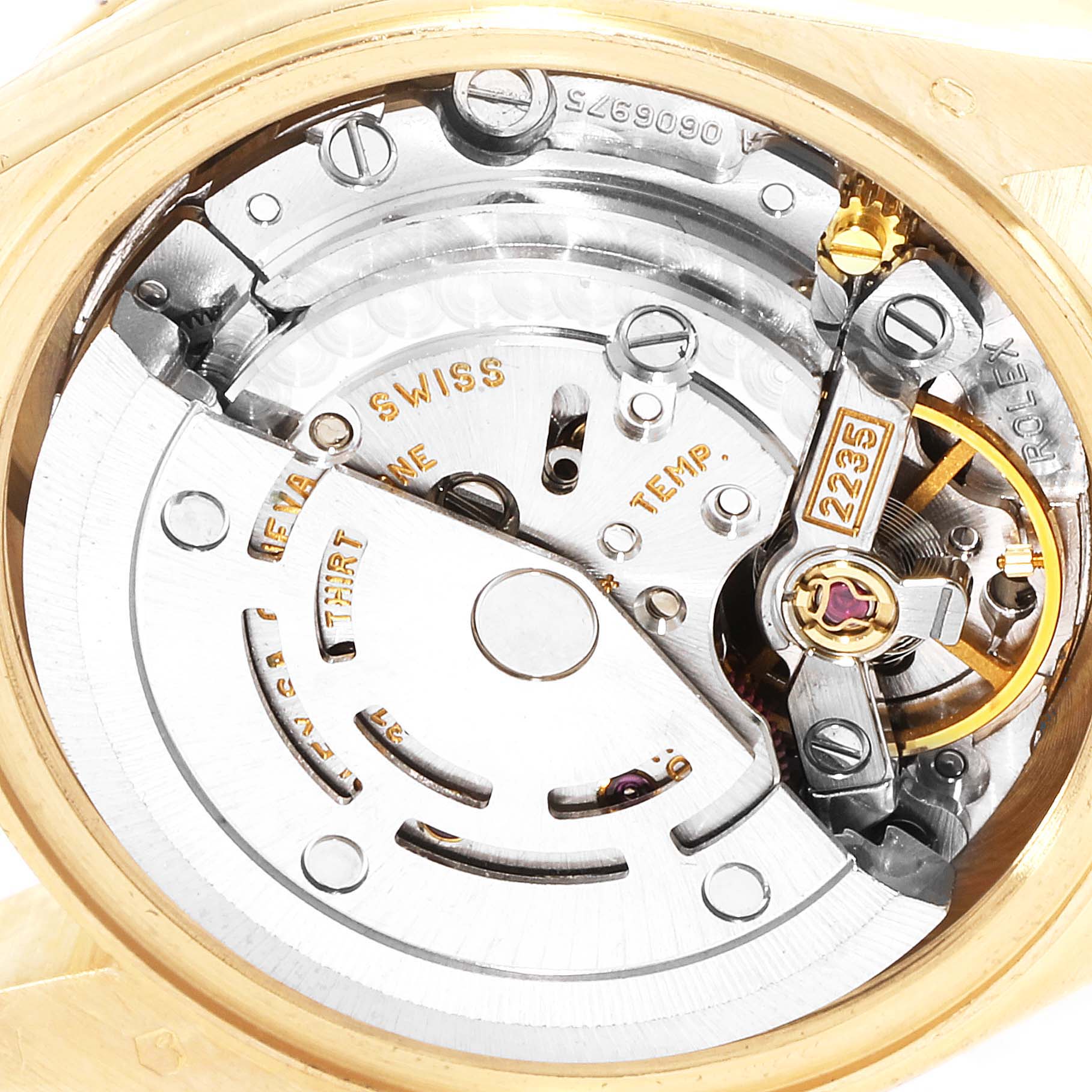 This image shows the internal mechanism and movement of a Rolex President 79138 Women
s Yellow Gold Mother of Pearl Dial 79138 Women
s Yellow Gold Mother of Pearl Dial model watch from a close-up angle.