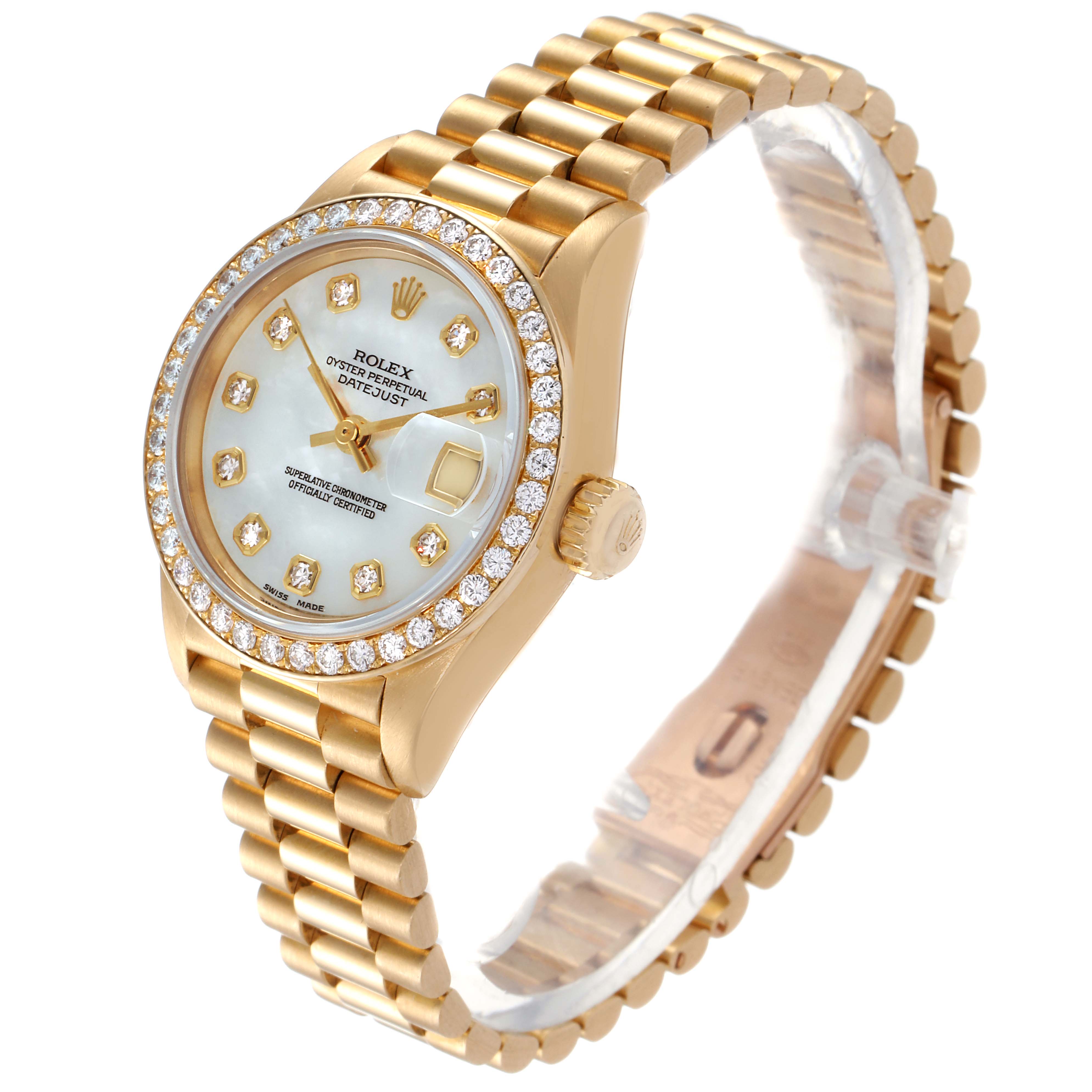 The Rolex President 79138 Women
s Yellow Gold Mother of Pearl Dial 79138 Women
s Yellow Gold Mother of Pearl Dial model watch is shown at an angled side view, displaying its face, bezel, crown, and bracelet.