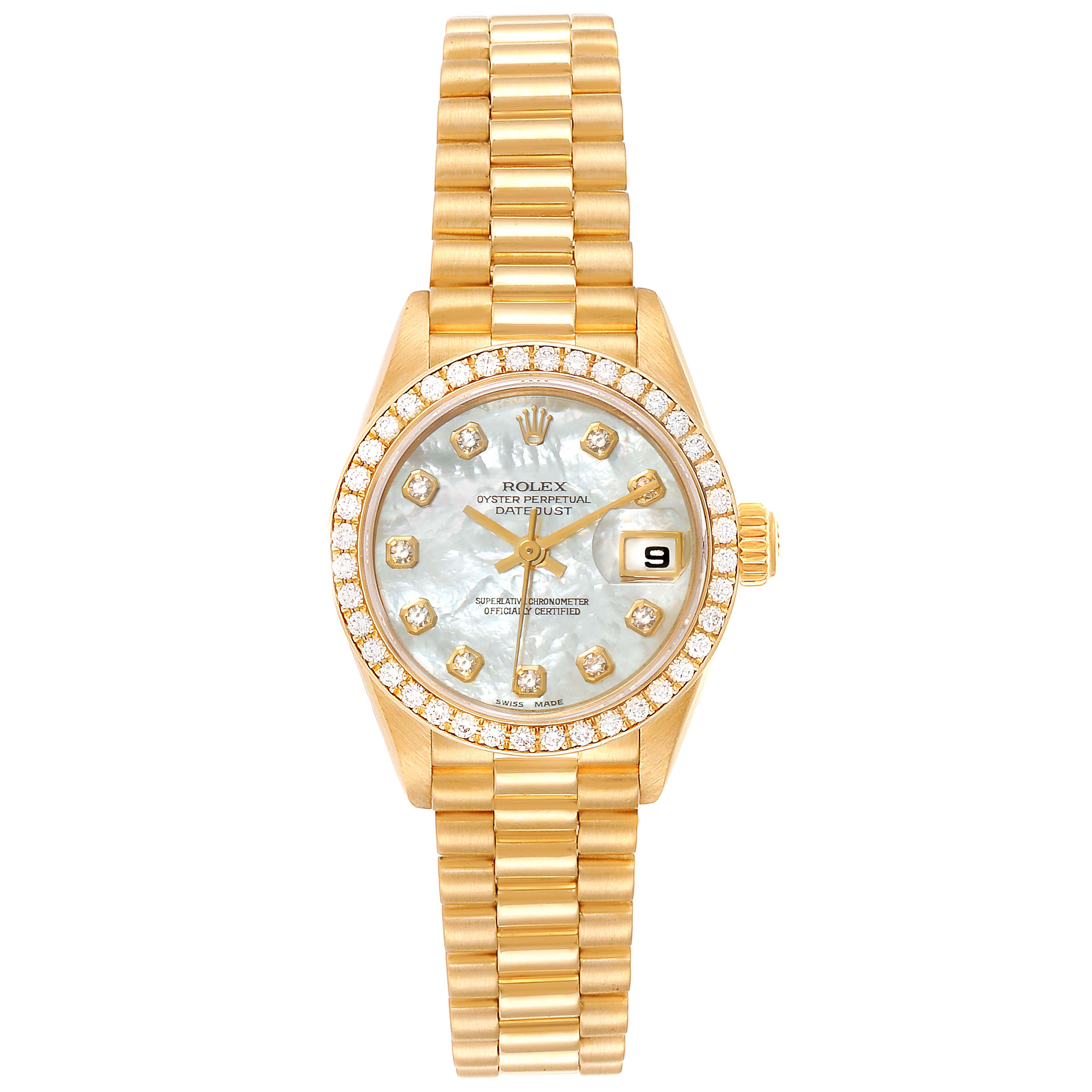 This is a front view of a Rolex President 79138 Women
s Yellow Gold Mother of Pearl Dial 79138 Women
s Yellow Gold Mother of Pearl Dial model wristwatch, showcasing its face, bezel, and band.