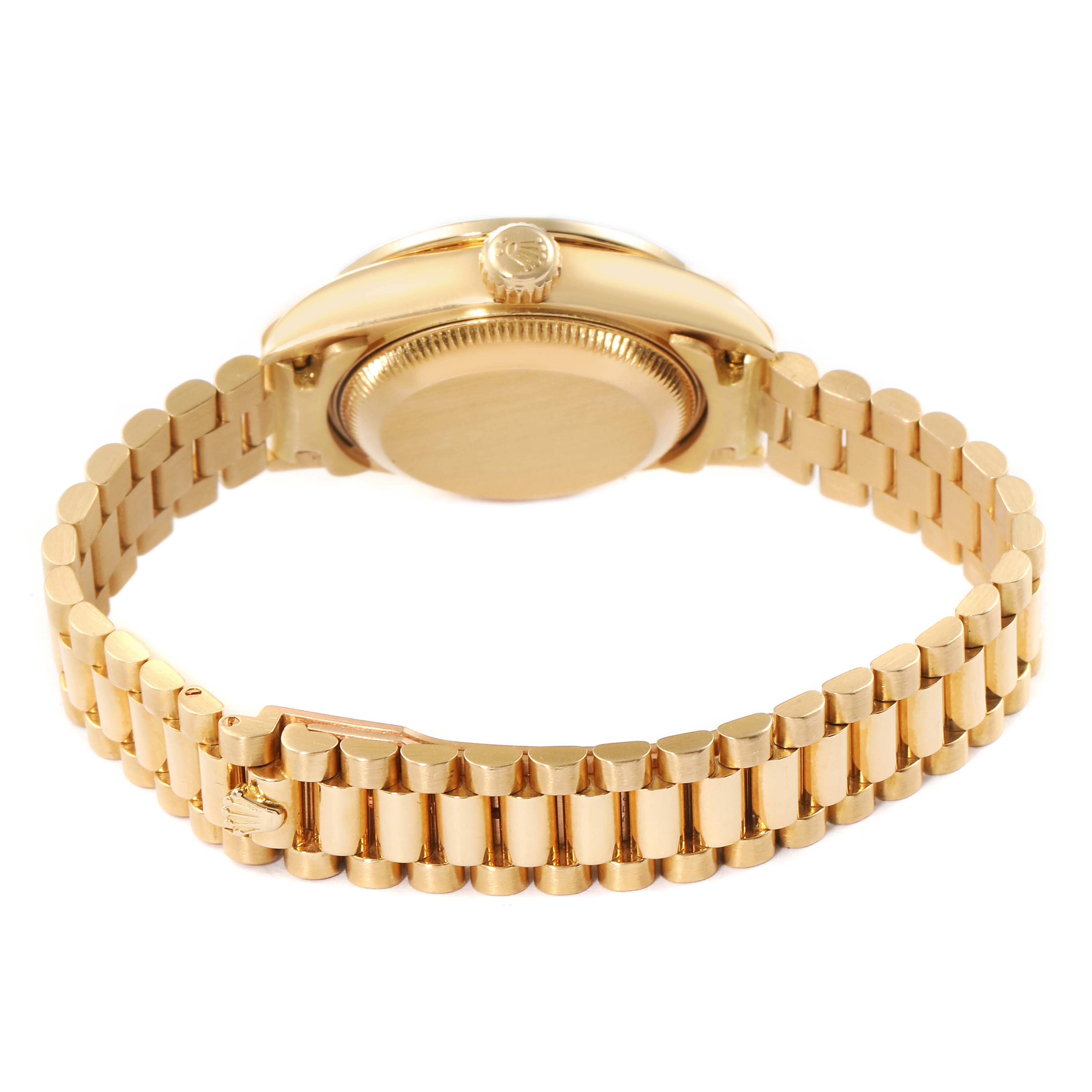 The image shows the back and bracelet of a Rolex President 79138 Women
s Yellow Gold Mother of Pearl Dial 79138 Women
s Yellow Gold Mother of Pearl Dial model watch.