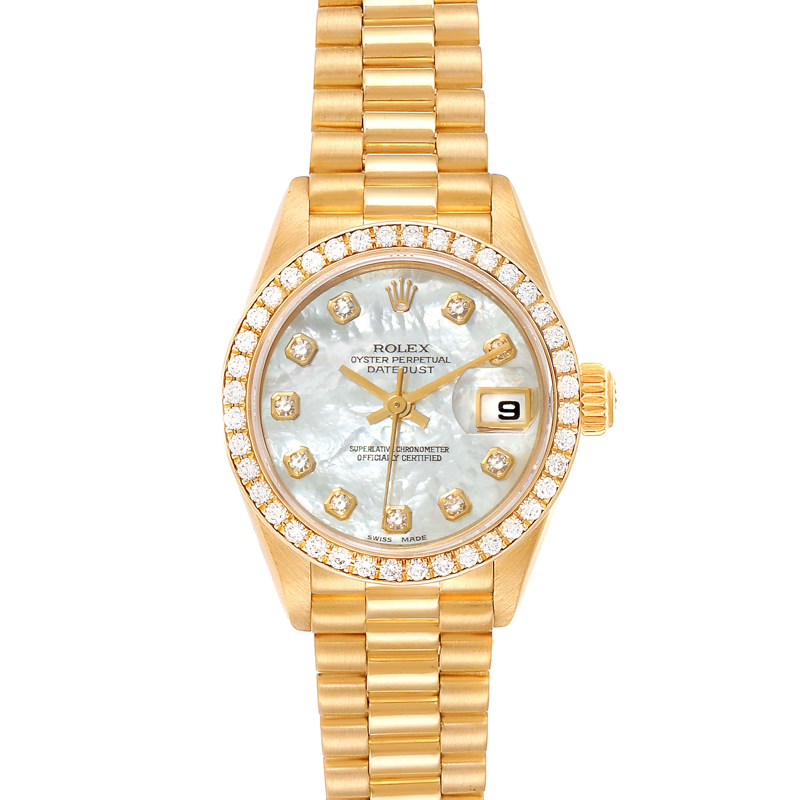 The image shows a Rolex President 79138 Women
s Yellow Gold Mother of Pearl Dial 79138 Women
s Yellow Gold Mother of Pearl Dial watch from the front angle, displaying its face, bezel, and bracelet.