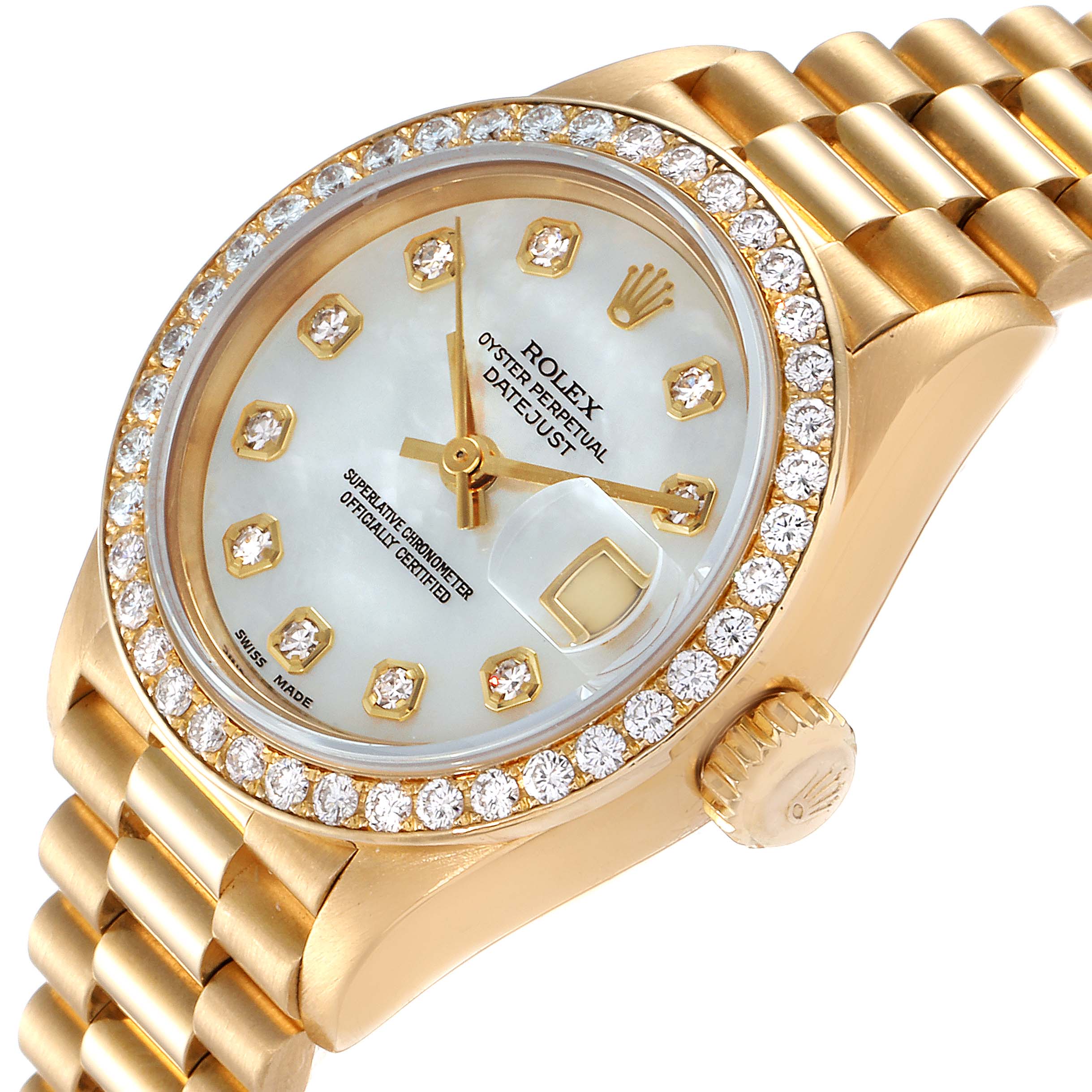 The image shows an angled view of a Rolex President 79138 Women
s Yellow Gold Mother of Pearl Dial 79138 Women
s Yellow Gold Mother of Pearl Dial watch, highlighting its face, bezel, crown, and part of the band.