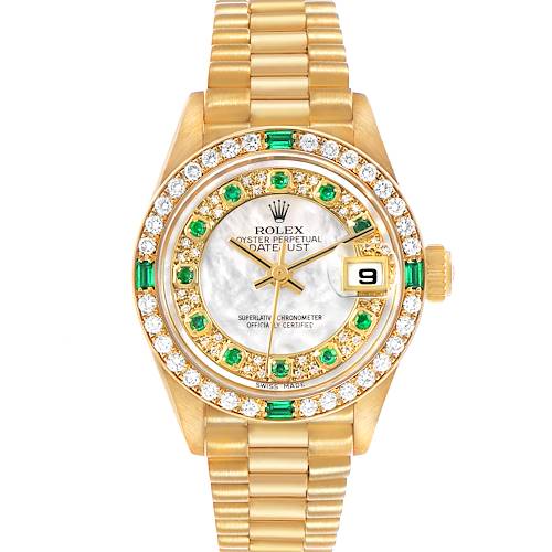 Photo of Rolex President Yellow Gold MOP Myriad Diamonds Emeralds Watch 79078 Box Paper