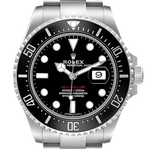 The Rolex Sea-Dweller 126600 Men's Stainless Steel Black Dial watch is shown from a frontal angle, highlighting the dial, bezel, crown, and bracelet.