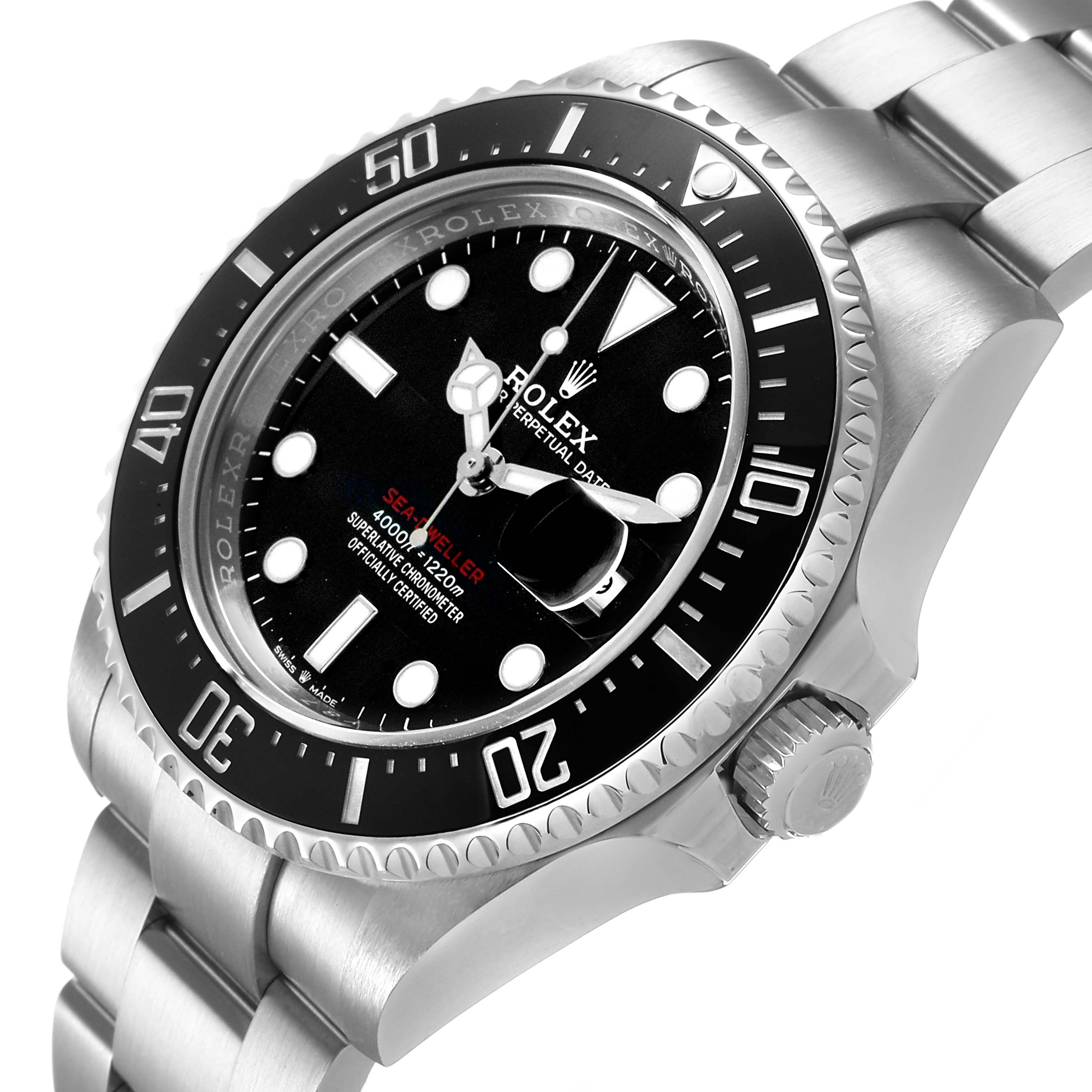 The Rolex Sea-Dweller 126600 Men's Stainless Steel Black Dial watch is shown at an angled side view, highlighting the bezel, dial, crown, and bracelet.