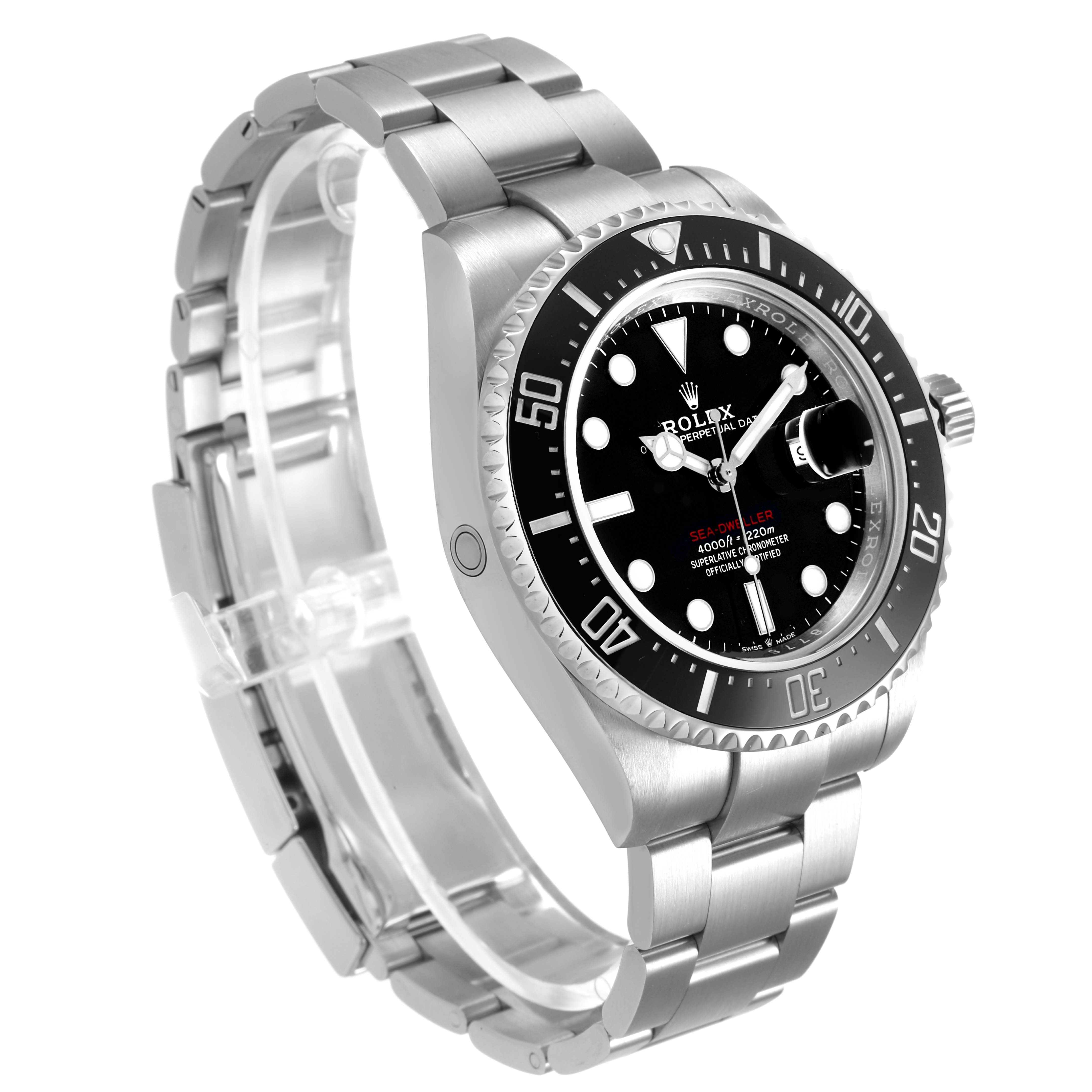 The Rolex Sea-Dweller 126600 Men's Stainless Steel Black Dial watch is shown at a slight angle, highlighting the face, bezel, bracelet, and side profile.