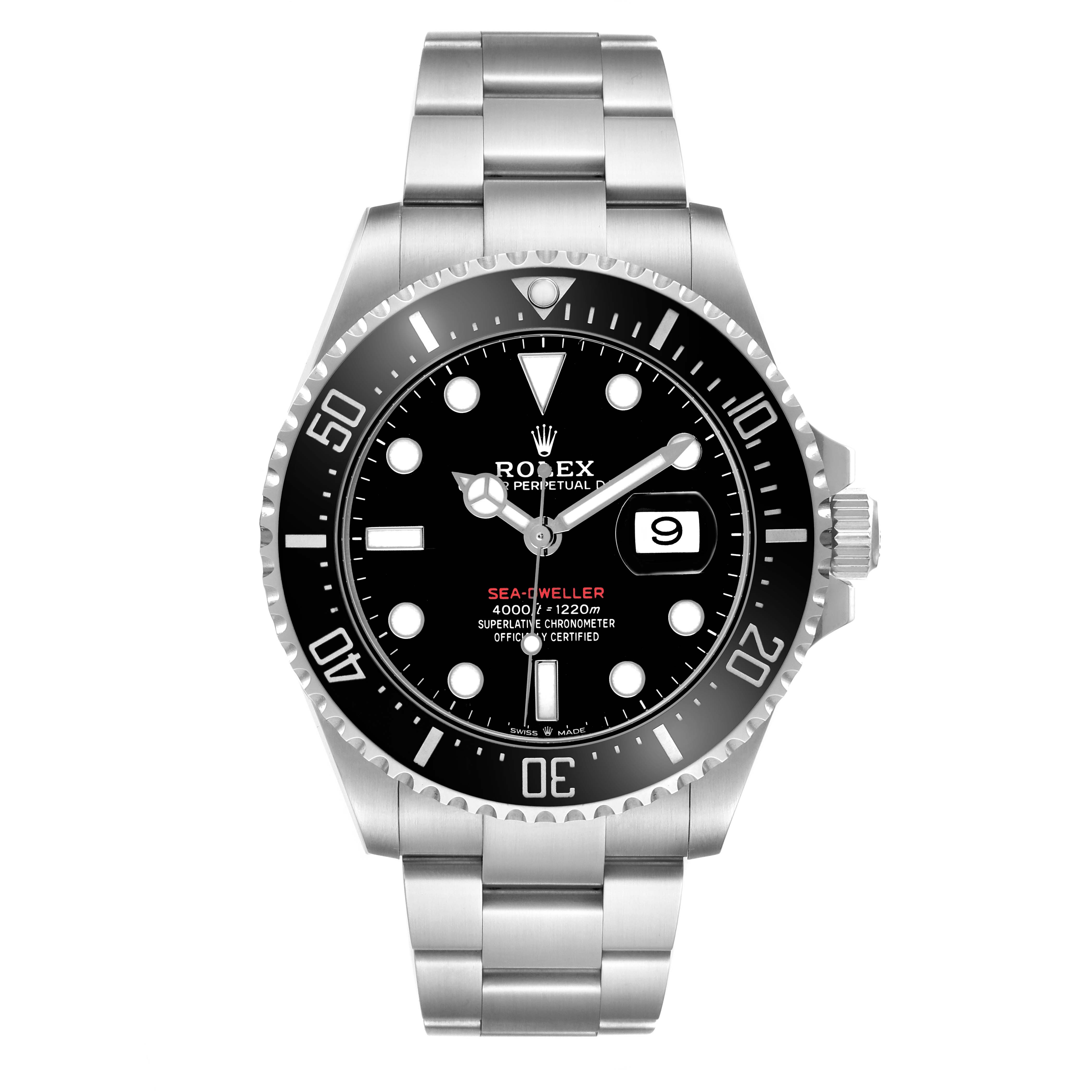 The Rolex Sea-Dweller 126600 Men's Stainless Steel Black Dial watch is shown from the front, displaying the watch face, bezel, and bracelet.