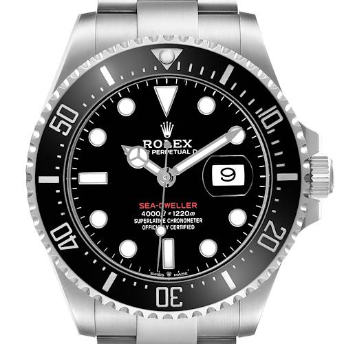 The Rolex Sea-Dweller 126600 Men's Stainless Steel Black Dial watch is shown from a front angle, highlighting its dial, bezel, and part of the bracelet.