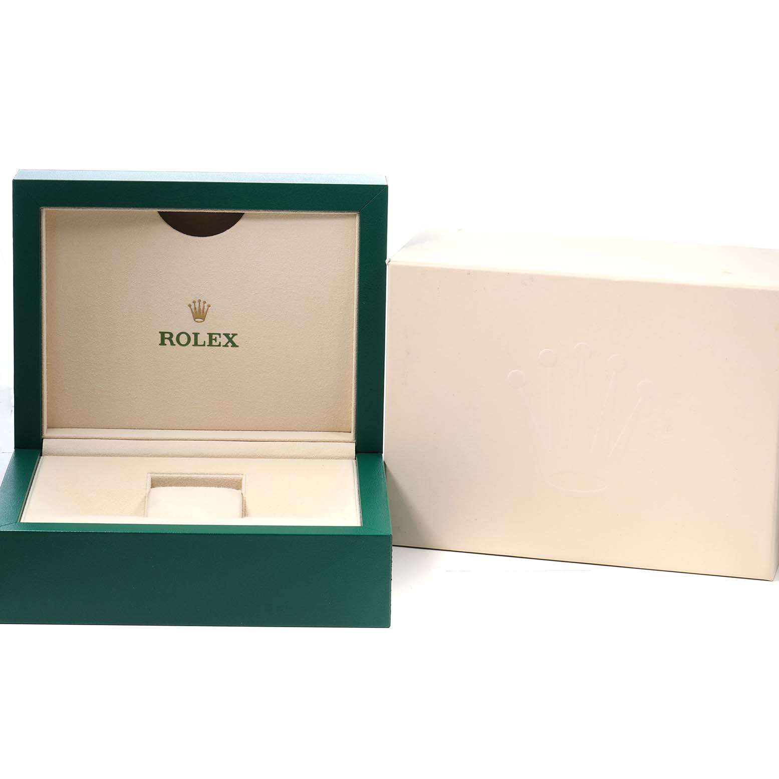 The image shows an open green Rolex box and an outer cream-colored box for the Sea-Dweller model.