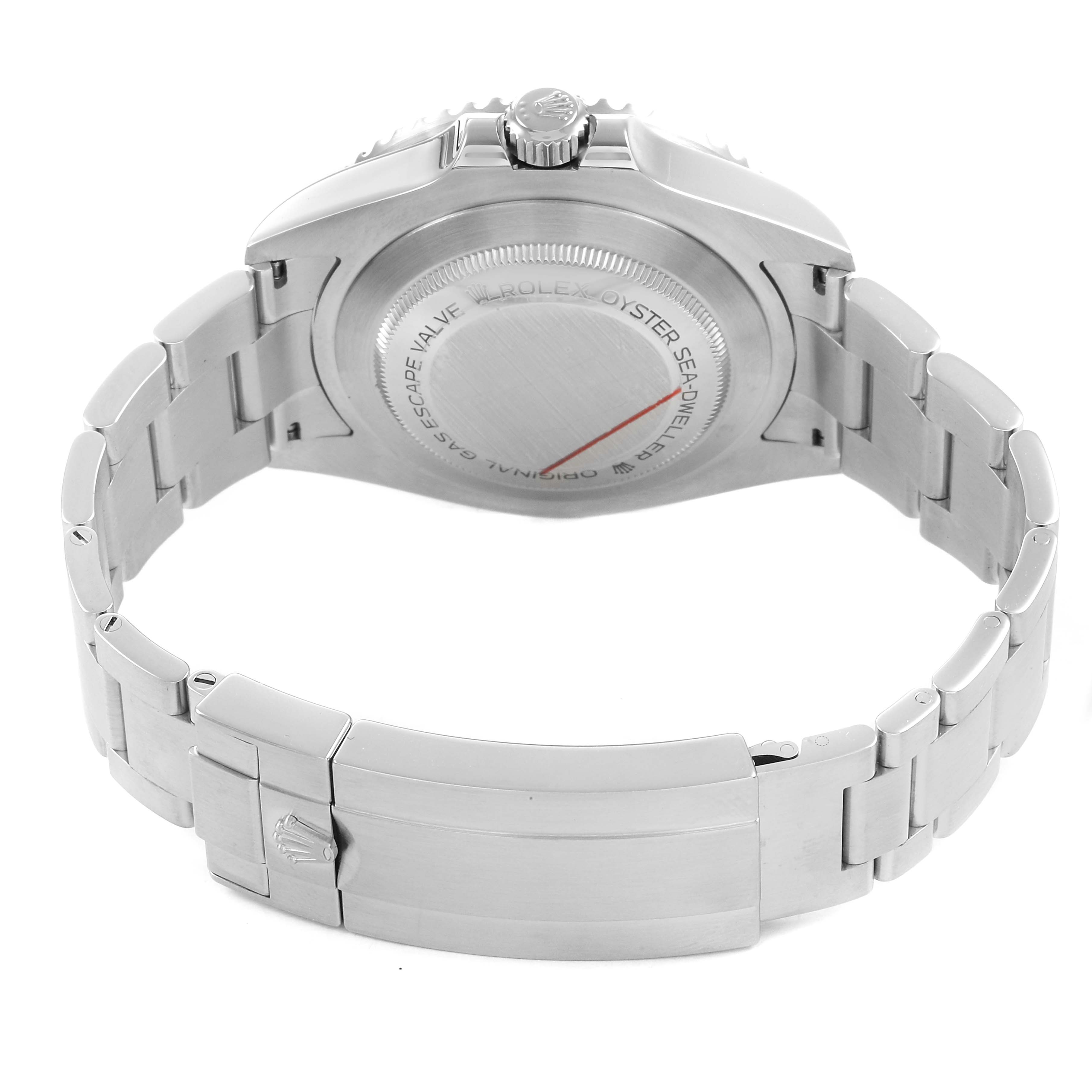 The image shows the back view of a Rolex Sea-Dweller 126600 Men's Stainless Steel Black Dial watch, highlighting the case back, bracelet, and clasp.