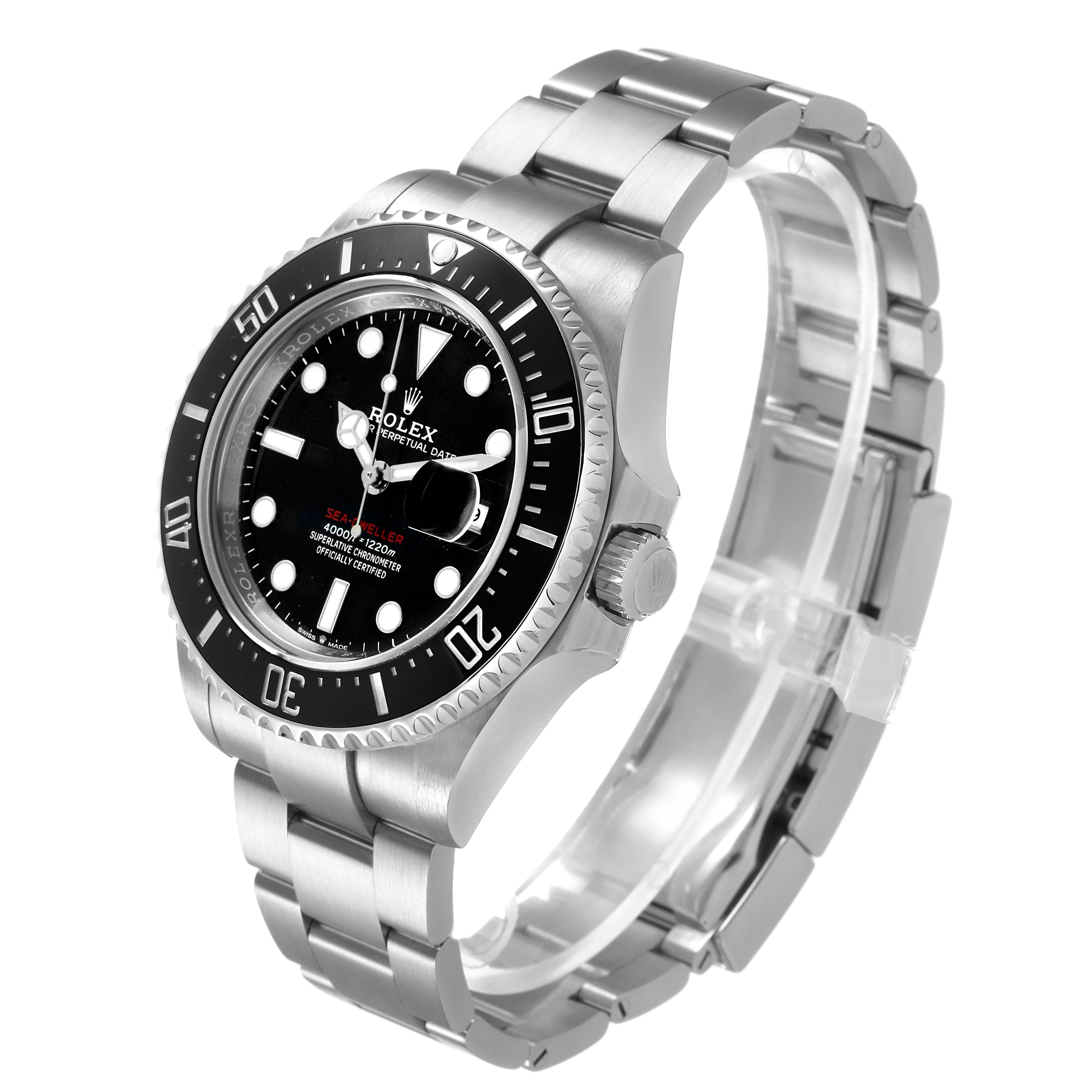 The Rolex Sea-Dweller 126600 Men's Stainless Steel Black Dial watch is shown at an angled top view, highlighting the bezel, dial, case, and bracelet.