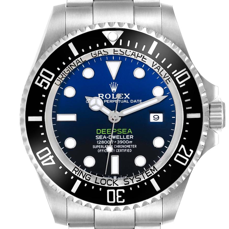 The image shows the front view of the Rolex Sea-Dweller Deepsea watch, highlighting its face, bezel, and part of the bracelet.