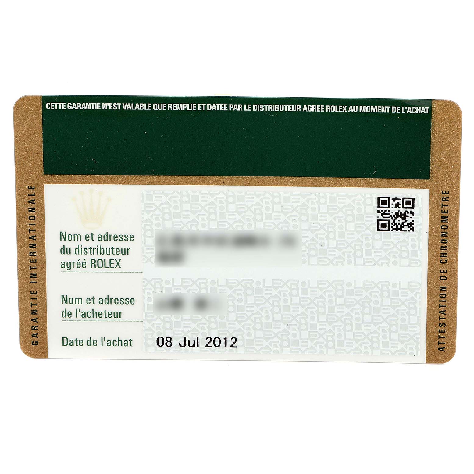 This is the warranty card for a Rolex Submariner 116610 Men
s Stainless Steel Black Dial 116610 Men
s Stainless Steel Black Dial watch, displaying purchase details and authorized dealer.