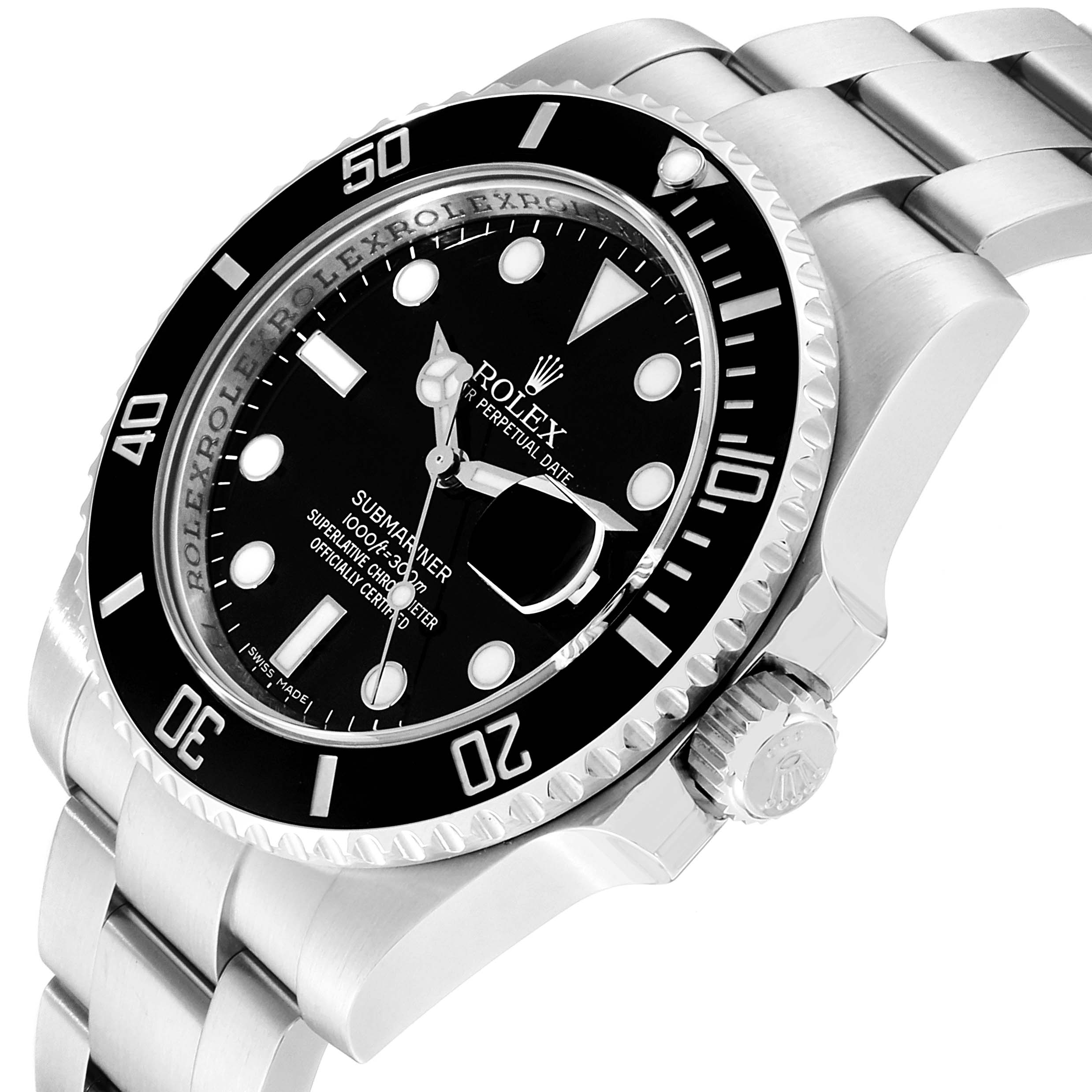 The image shows a side angle of the Rolex Submariner 116610 Men
s Stainless Steel Black Dial 116610 Men
s Stainless Steel Black Dial, including the watch face, bezel, crown, and bracelet.