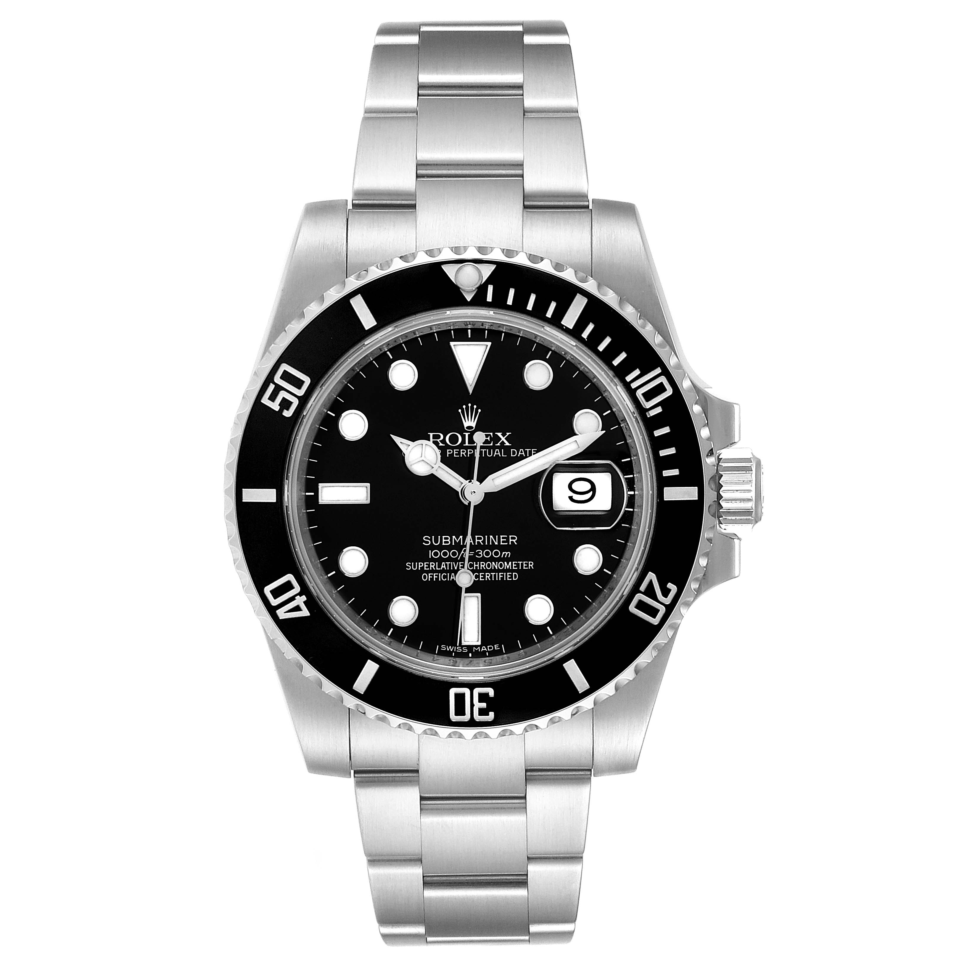 The image shows a front view of the Rolex Submariner 116610 Men
s Stainless Steel Black Dial 116610 Men
s Stainless Steel Black Dial watch, featuring its bracelet, bezel, dial, and date indicator.
