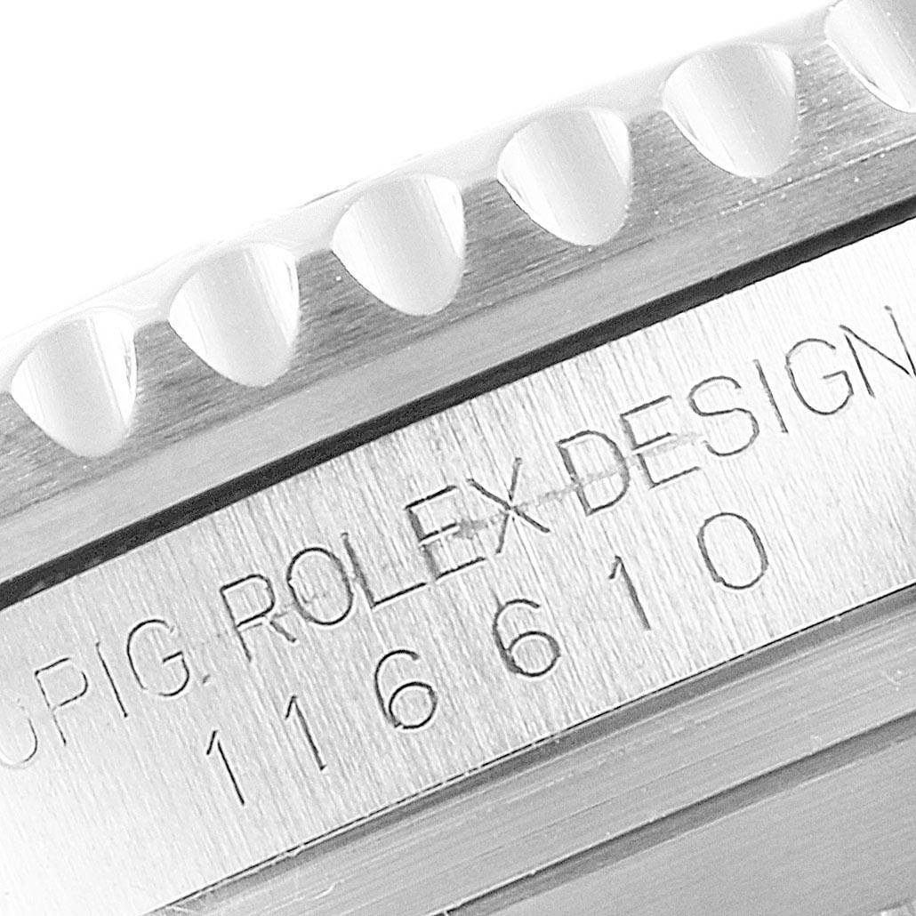 This image shows a close-up of the edge and model number (116610) engraved on the case of a Rolex Submariner 116610 Men
s Stainless Steel Black Dial 116610 Men
s Stainless Steel Black Dial watch.