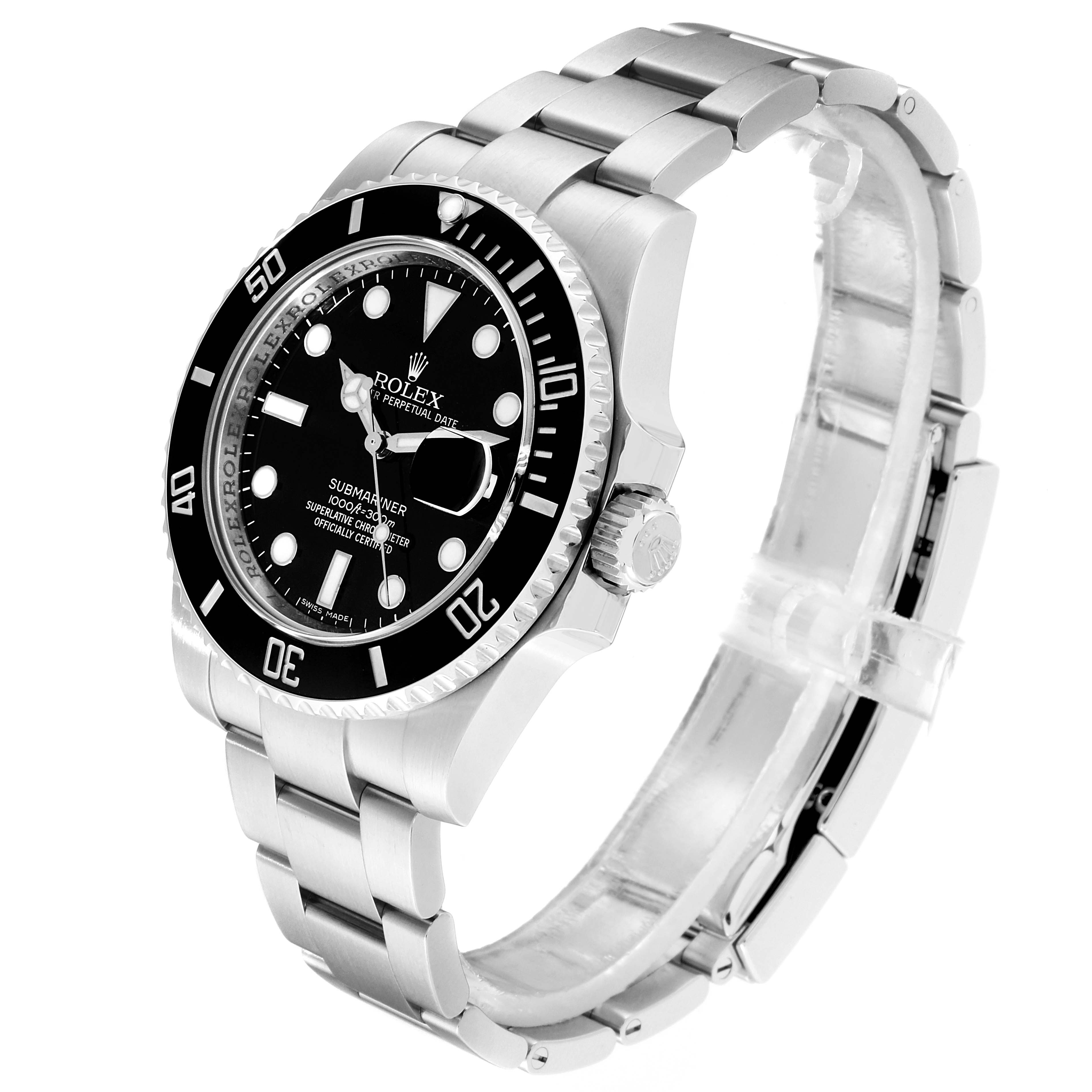 This image shows a tilted side view of a Rolex Submariner 116610 Men
s Stainless Steel Black Dial 116610 Men
s Stainless Steel Black Dial, highlighting the dial, bezel, crown, and stainless steel bracelet.