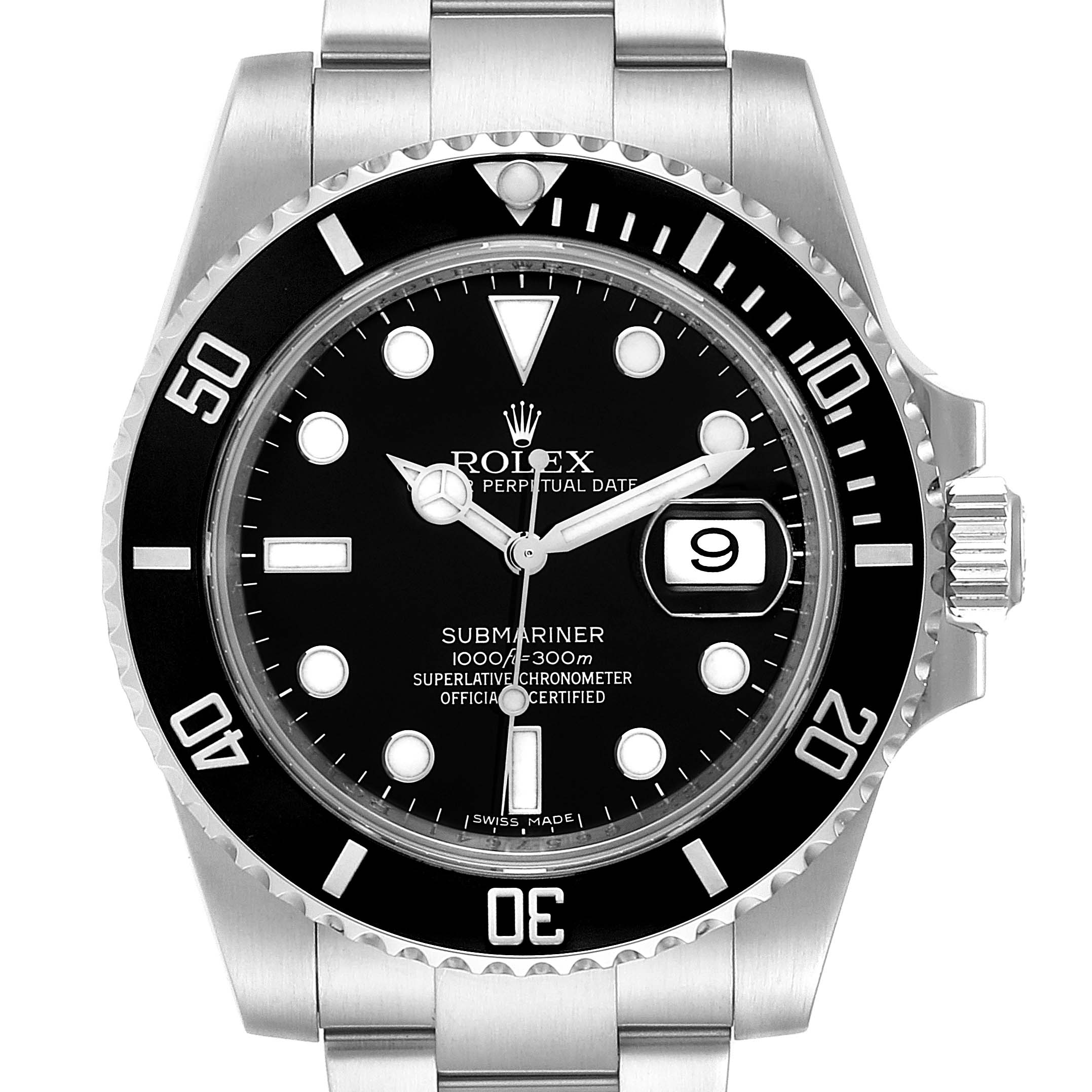 The image shows a frontal view of the Rolex Submariner 116610 Men
s Stainless Steel Black Dial 116610 Men
s Stainless Steel Black Dial watch, highlighting its dial, bezel, crown, and part of the bracelet.