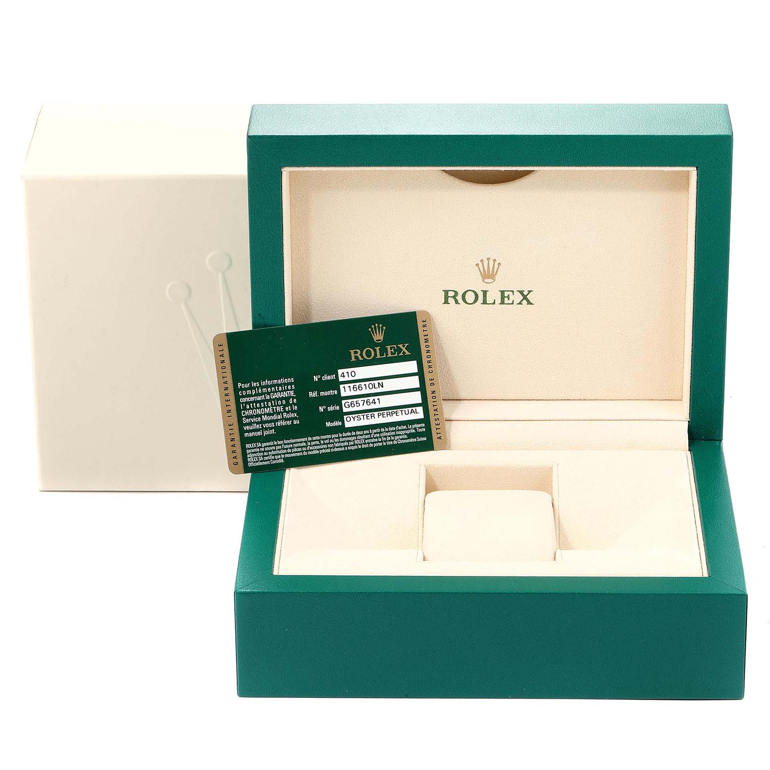 This image shows the box and certification card for a Rolex Submariner 116610 Men
s Stainless Steel Black Dial 116610 Men
s Stainless Steel Black Dial watch, viewed from the front angle.