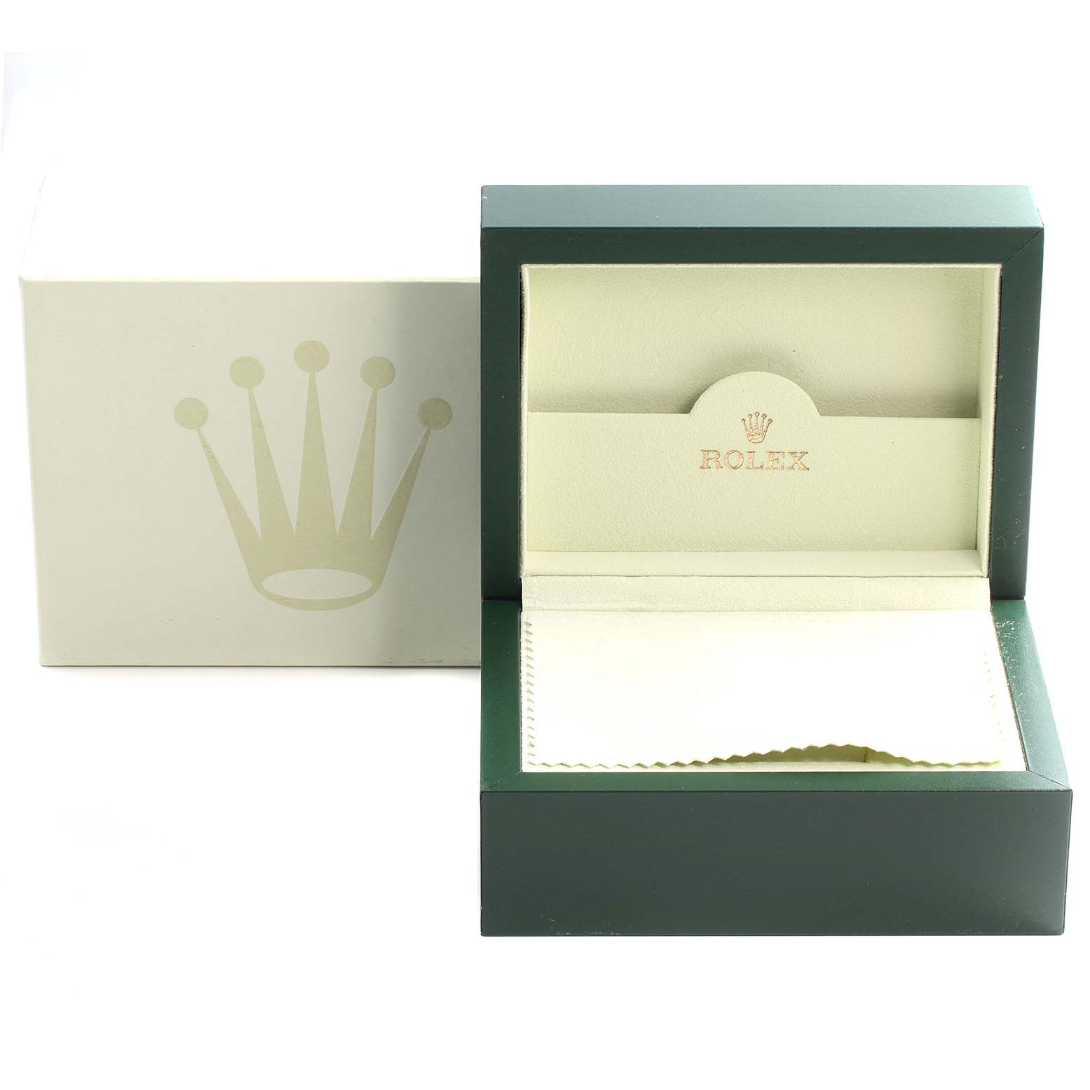 The image shows an open green Rolex Submariner 14060M Men
s Stainless Steel Black Dial 14060M Men
s Stainless Steel Black Dial watch box with its internal padding and an outer cream-colored box with the Rolex crown logo.