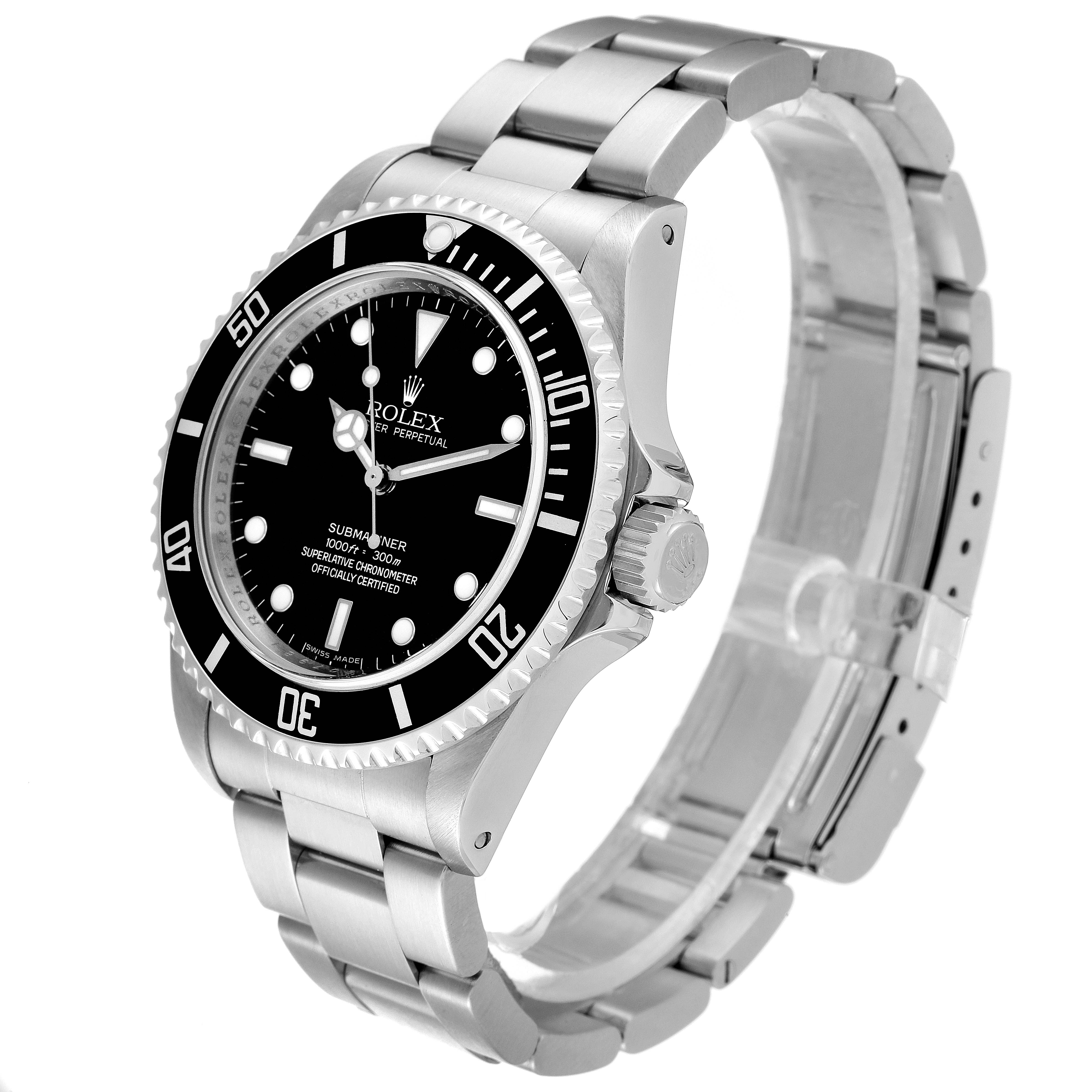 The image shows a Rolex Submariner 14060M Men
s Stainless Steel Black Dial 14060M Men
s Stainless Steel Black Dial watch from a front-angled view, featuring the dial, bezel, bracelet, and crown.