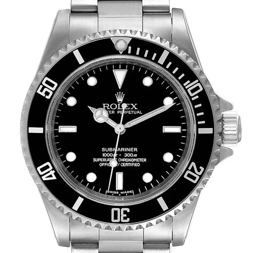 The image shows the front view of a Rolex Submariner, featuring its dial, bezel, and part of the bracelet.