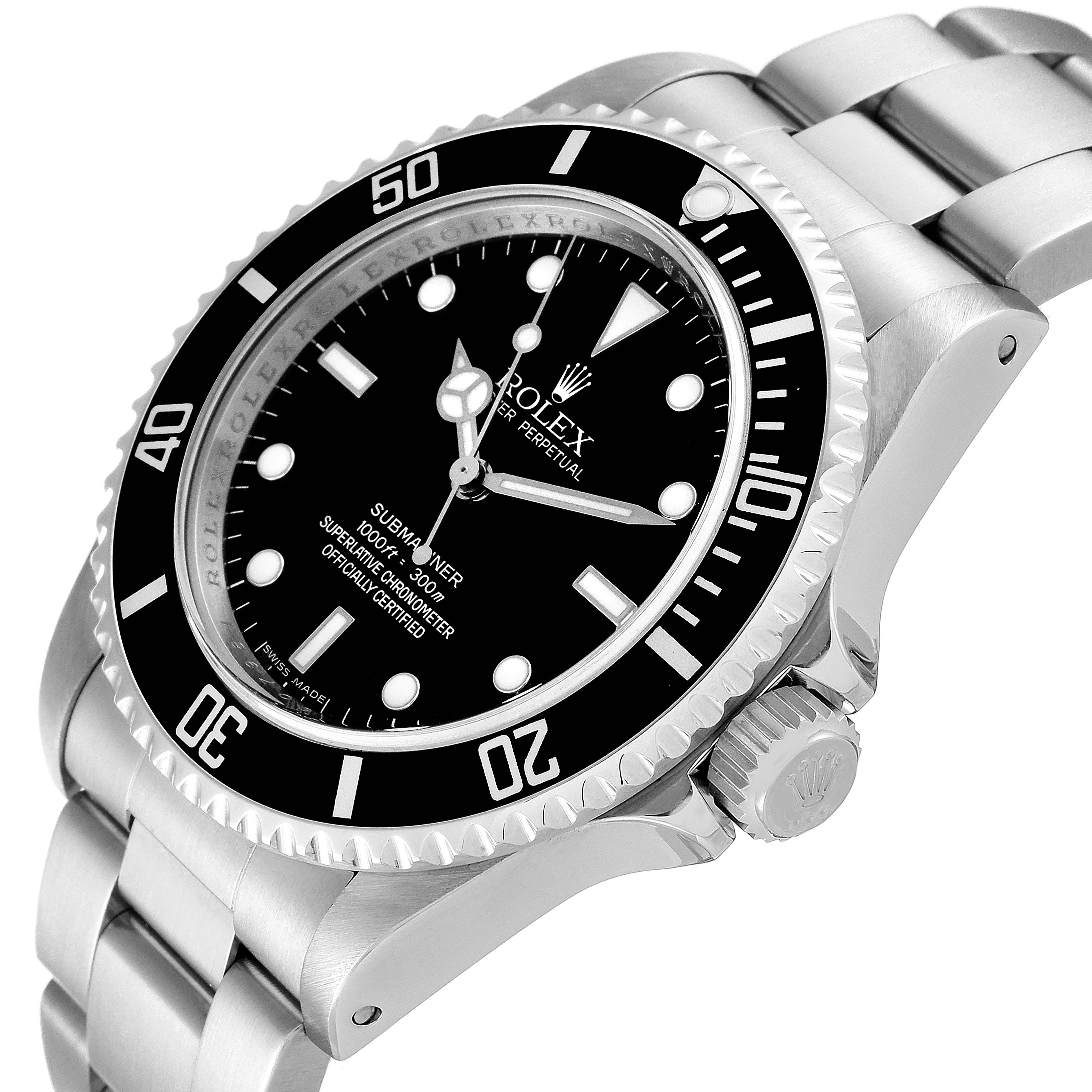 The image shows a Rolex Submariner 14060M Men
s Stainless Steel Black Dial 14060M Men
s Stainless Steel Black Dial watch from a side angle, highlighting the bezel, dial, and part of the bracelet.