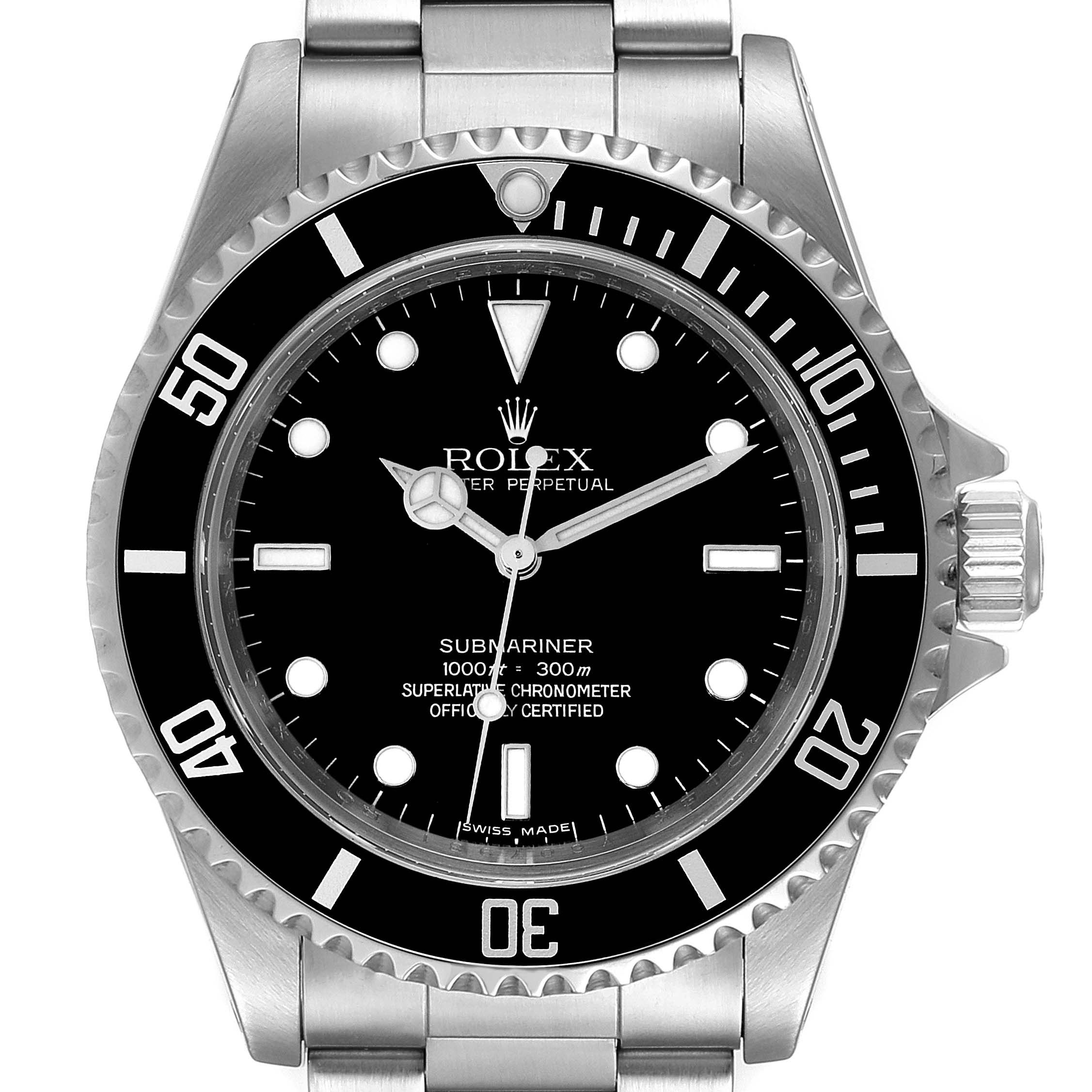 The image shows a front view of the Rolex Submariner 14060M Men
s Stainless Steel Black Dial 14060M Men
s Stainless Steel Black Dial watch, displaying its bezel, dial, and crown.