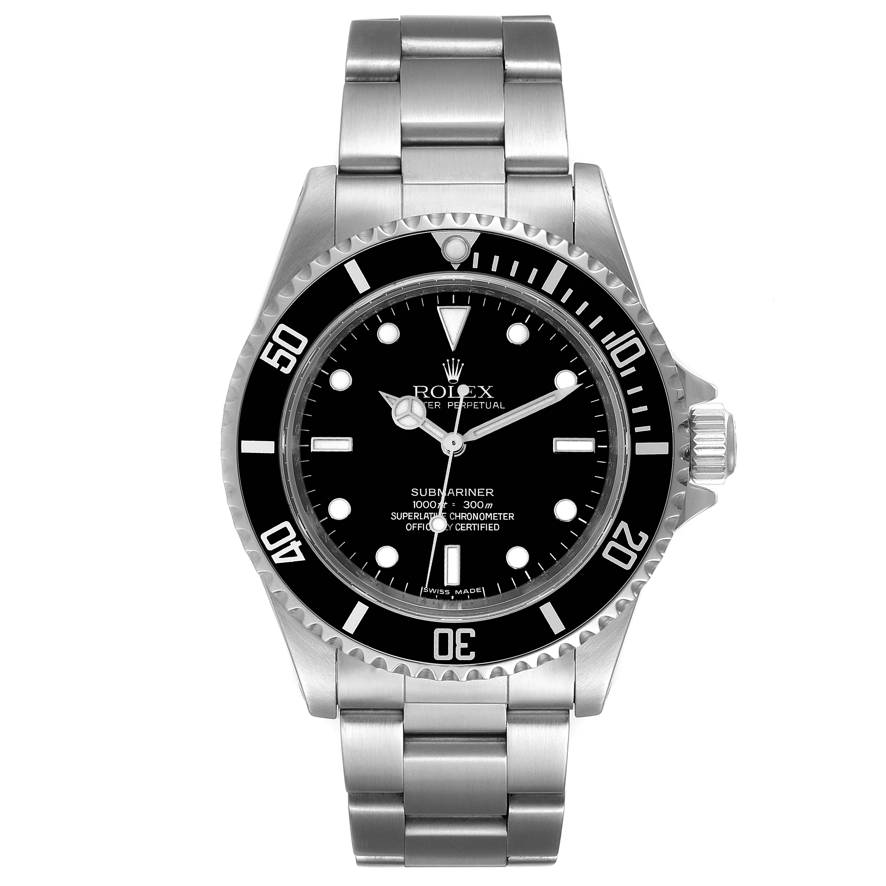 The image shows a front view of a Rolex Submariner 14060M Men
s Stainless Steel Black Dial 14060M Men
s Stainless Steel Black Dial watch, including the dial, bezel, and bracelet.