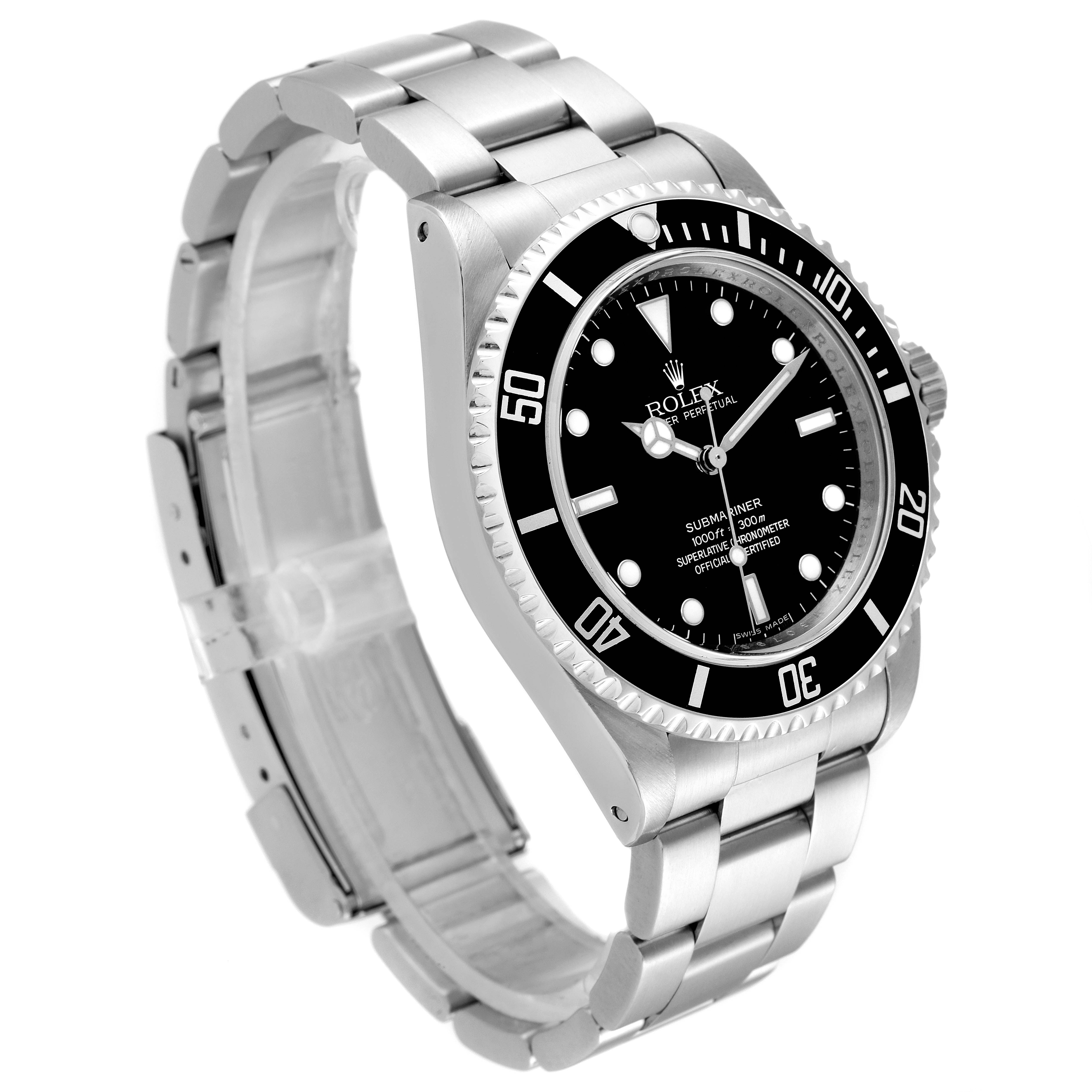 This image of the Rolex Submariner 14060M Men
s Stainless Steel Black Dial 14060M Men
s Stainless Steel Black Dial watch is taken from a three-quarter angle, showing the dial, bezel, case, and bracelet.