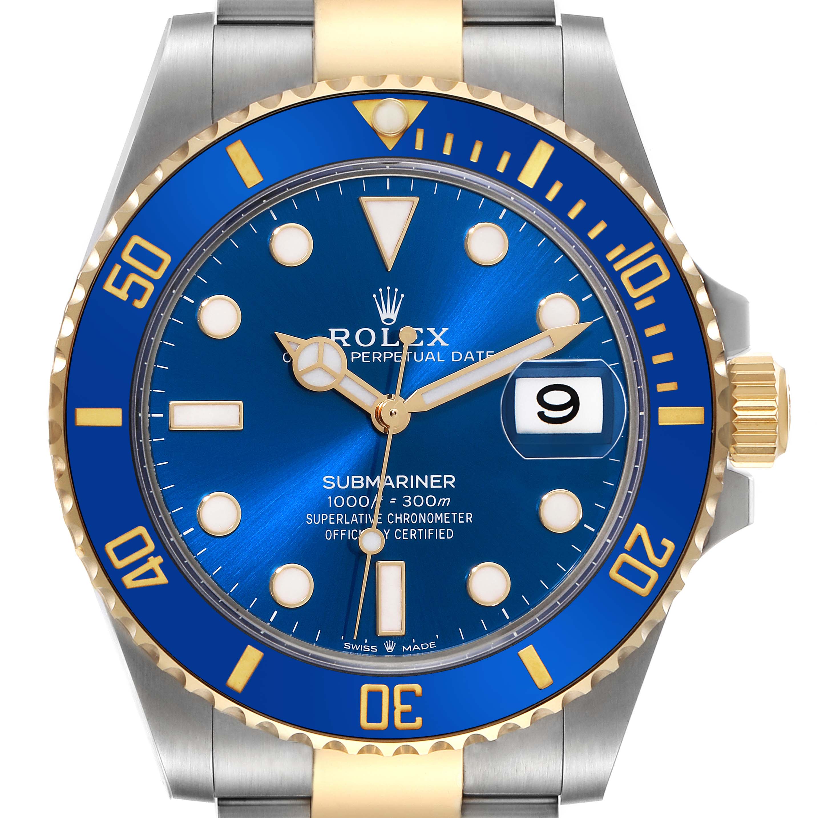This is a front view of a Rolex Submariner 126613 Men's Steel and Gold (two tone) Blue Dial 126613 Men's Steel and Gold (two tone) Blue Dial showing its blue dial, date window, and bi-color bezel.